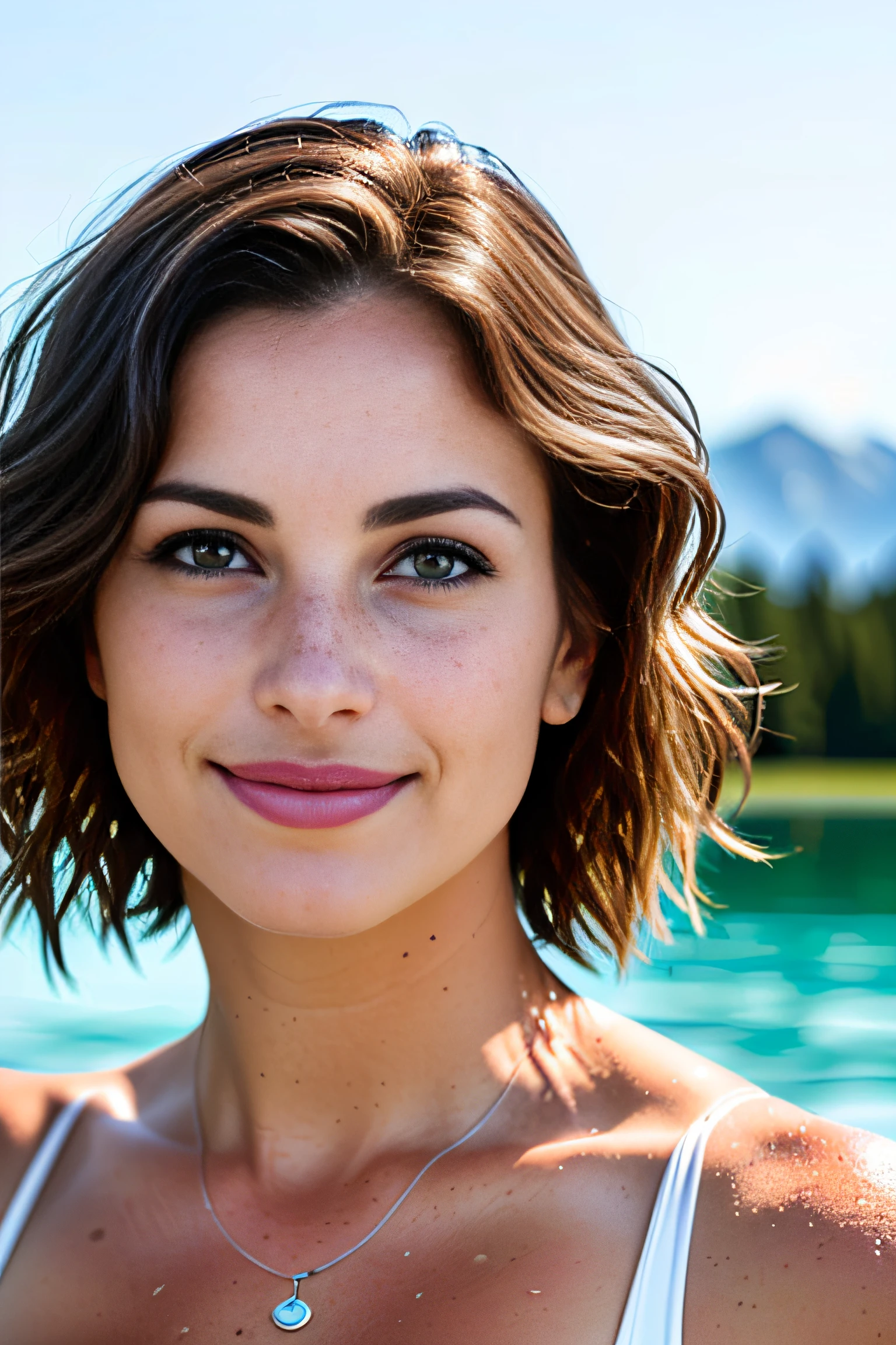 gorgeous forty year old woman with short wavy brunette hair, looking away from the camera, swimming in an alpine lake, water up to her neck, wearing a modest bikini, detailed alluring eyes, confident smile, toned legs, ((detailed facial features)), (finely detailed skin), pale skin, blush, freckles, realistic skin texture, extreme skin details, (pores:0.1), best quality masterpiece, photorealistic, hyperrealistic, detailed, 8k, HDR, (Soft color: 1.2), shallow depth of field, broad light, high contrast, backlighting, bloom, light sparkles, chromatic aberration, sharp focus, RAW color photo