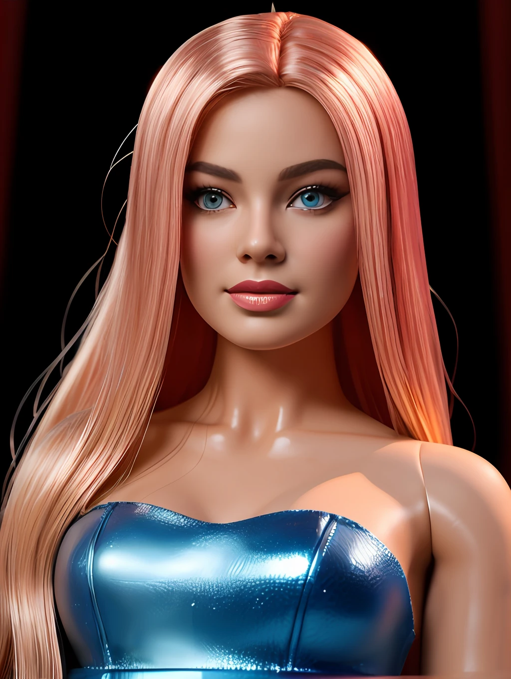 Margot Robbie in the character of Barbie the movie in romantic scene photo studio the professional volumetric light quality HD 4k three render Ultra detailed eyes perfect mouth perfect hairstyle perfect skin detail texture