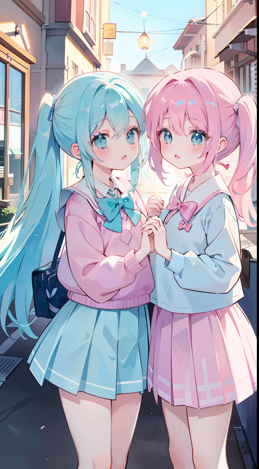 twinsies、Pink hair、light blue  eyes、Only one twintail、Holding hands、Magic Street、cute school uniform、bow ribbon、​masterpiece、top-quality、Top image quality、lightblue hair