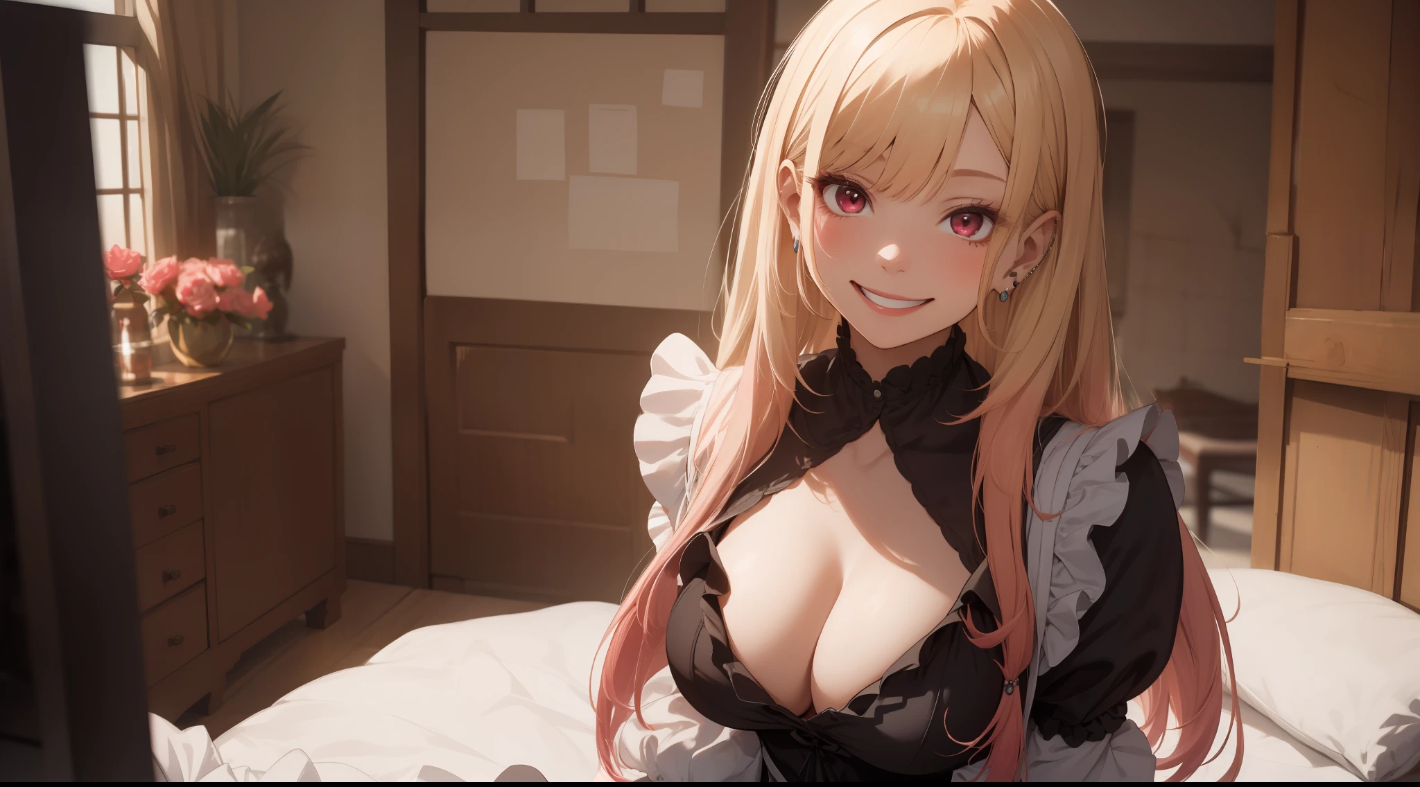 Absurd resolution, high - resolution , (masterspiece:1.4), Ultra Verbose , (((Solo))), 1girl, Red eyes, Medium breasts, Long hair, blond hair, Straight hair, Bangs, earrings, cleavage, maid outfit, smile