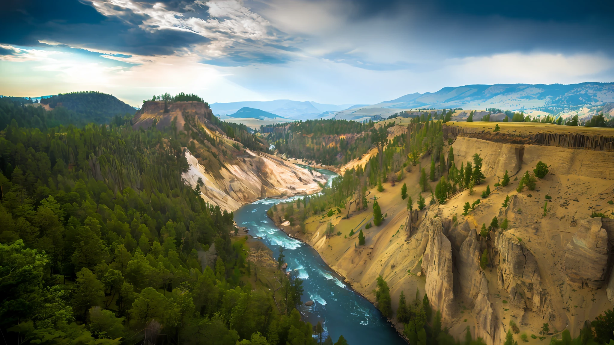The river flows through the Aarafitte landscape of a canyon surrounded by trees, wyoming, rocky mountains and a river, shutter inventory, rios、Trees and hills, mountains river trees, scenic view of river, istock, idaho, river with stunning water, Green River Photo, travel, wide angle river, american west scenery, canyons, Amazing view, Mountains and rivers,Estilo de Makoto Shinkai