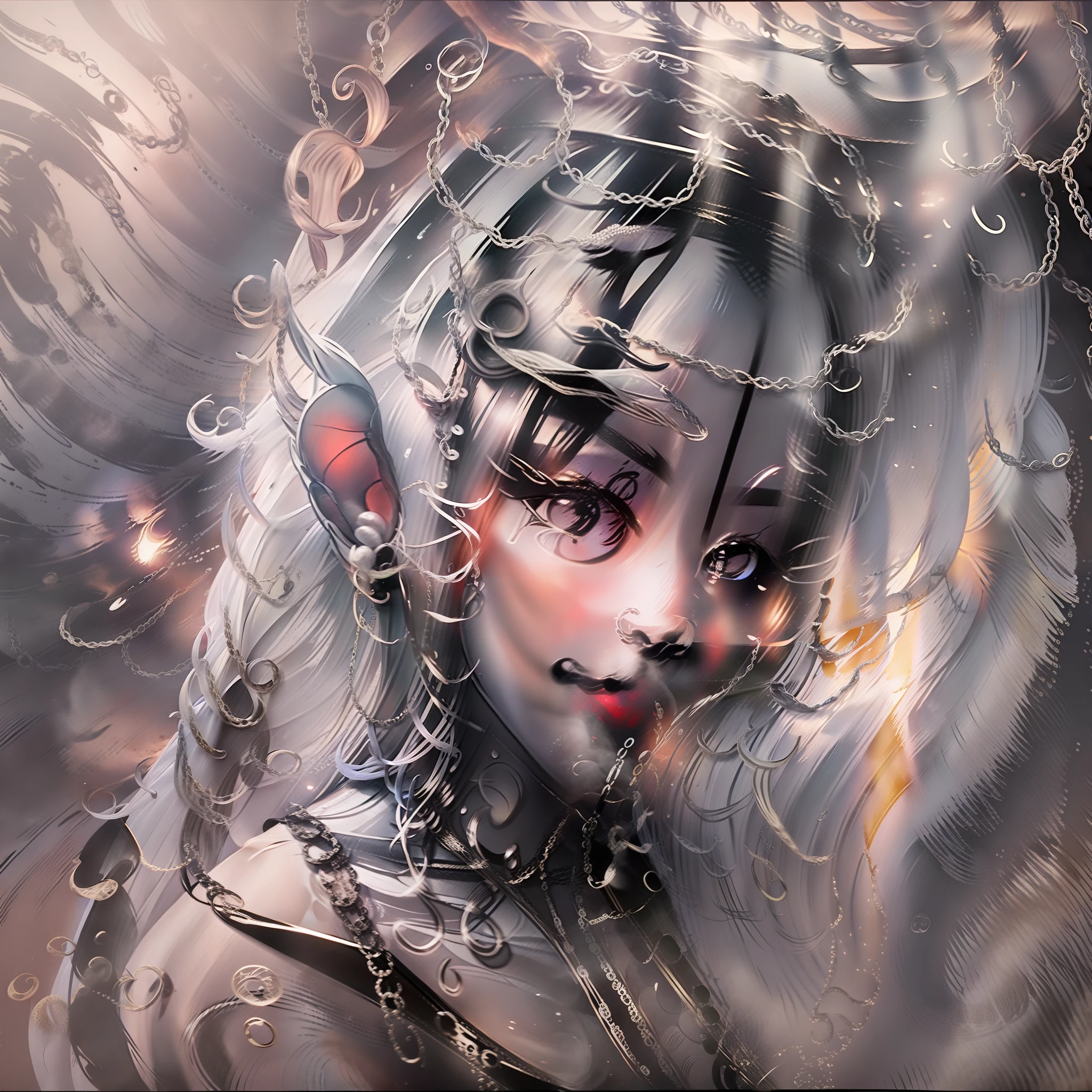 A girl, white colored hair, white eyes, Cat's ears, portraite of a, Striking design, pastel colours, ink drips, autumn lights