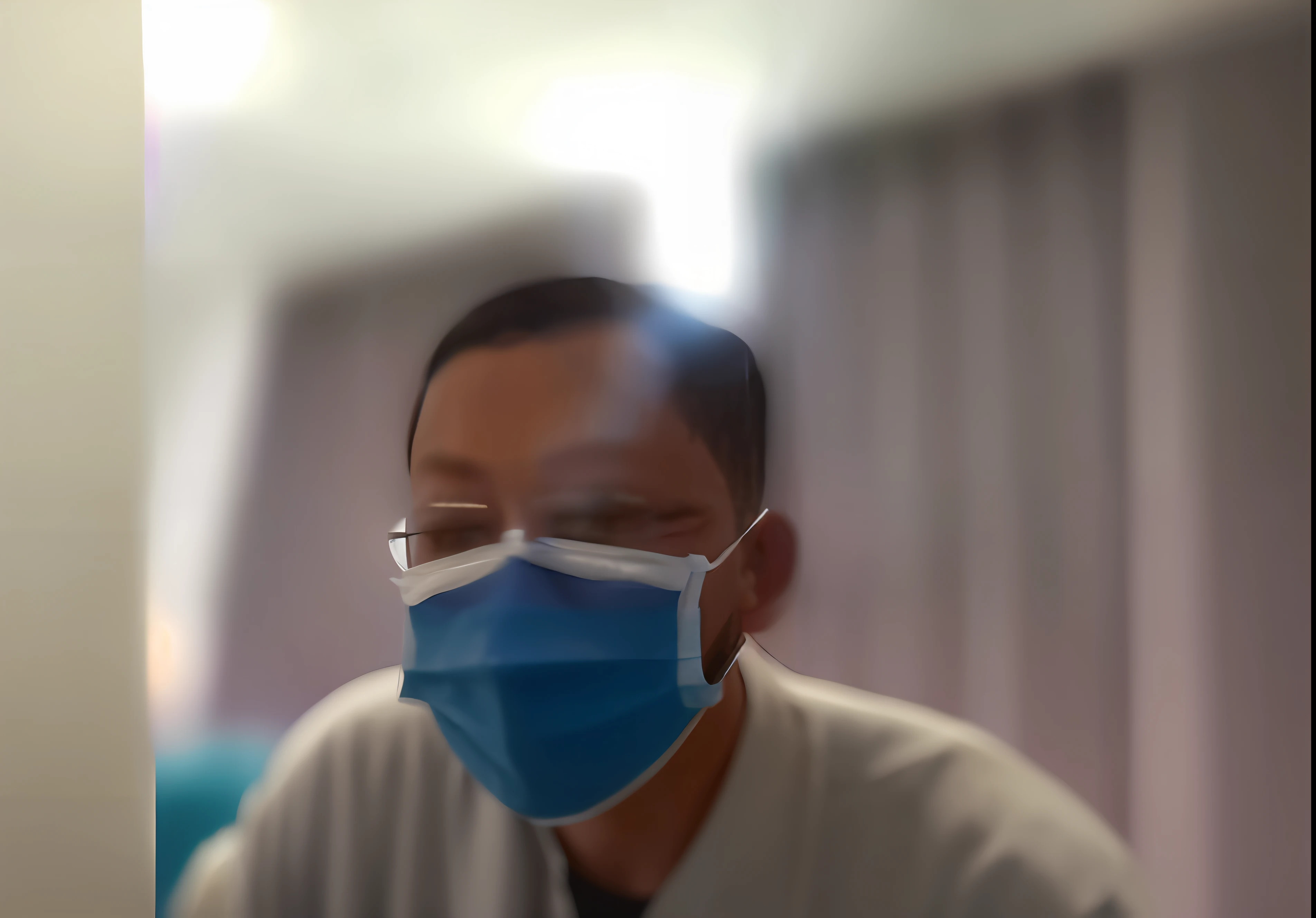 There was a man wearing a mask and glasses,Wearing a blue mask, blurry image, wearing transparent glass mask, obscured face, Blurred face, surgical mask covering mouth, blurred back, very very low quality picture, blur effect face, blurry photo, severe out of focus, wearing face mask, deblur, distorted photo, blurred lens, face obscured
