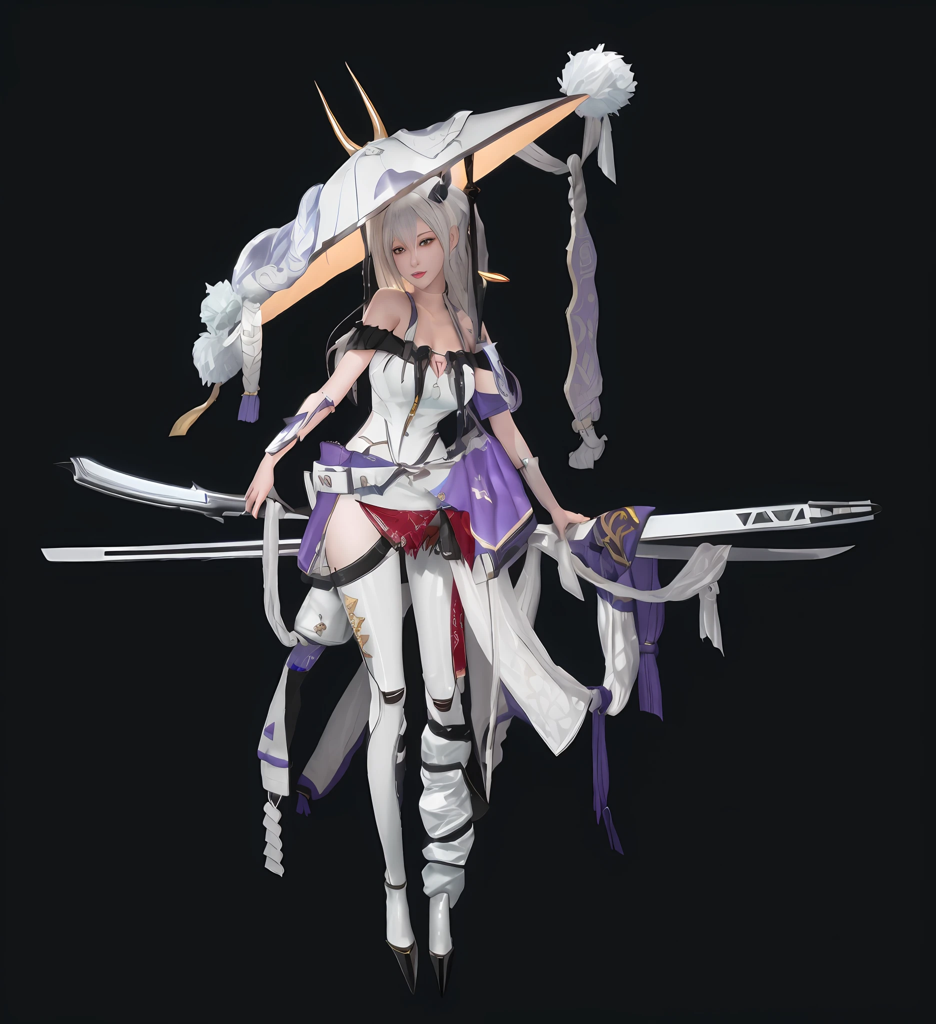 A hyper-realistic、ultra-detailliert、top-quality、hight resolution、Goddess of Japan isolated on black background、Swords and hats, render of april, Ayaka Genshin Impact, from the azur lane videogame, katana zero video game character, render of a cute 3d anime girl, azur lane style, characters from azur lane, from arknights, final fantasy 14 style, render of mirabel madrigal