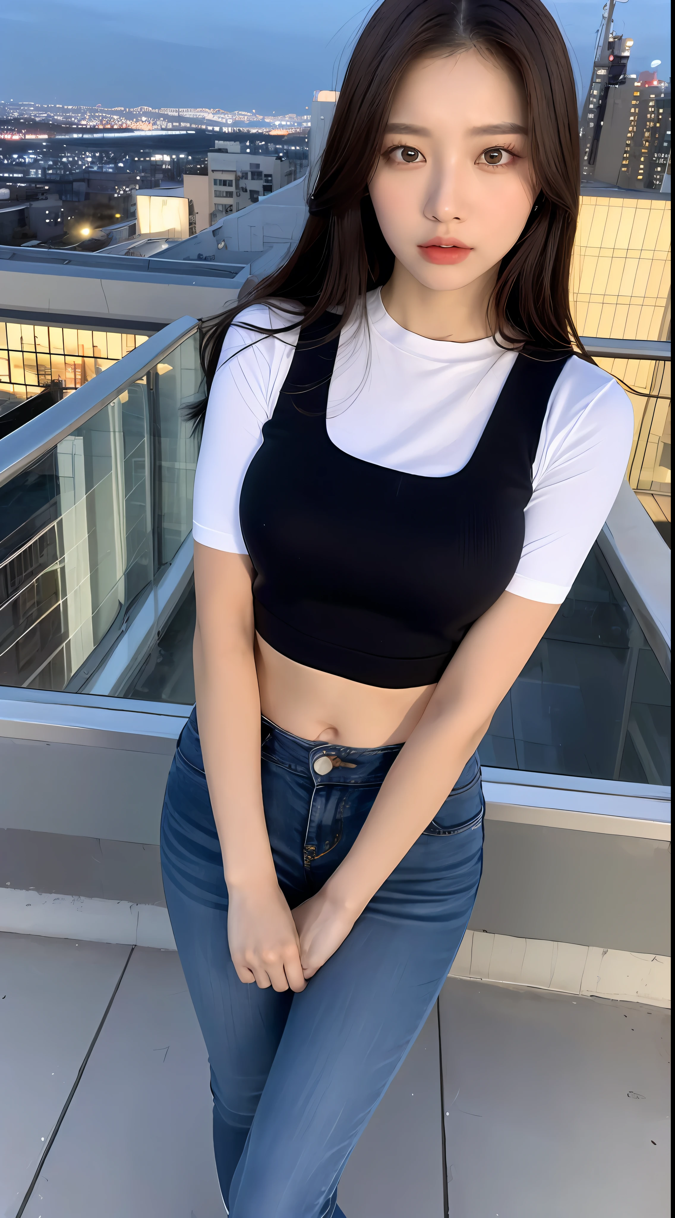 ((Midnight, Best quality, 8k, Masterpiece :1.3)), Whole body, Long legs, Sharp focus :1.2, A pretty woman with perfect figure :1.4, Slender abs :1.1, ((Dark brown hair,Gigantic breasts :1.2)), (White tight tshirt, Jean bib, Standing:1.2), ((Night city view, Rooftop:1.3)), Highly detailed face and skin texture, Detailed eyes, Double eyelid, nft