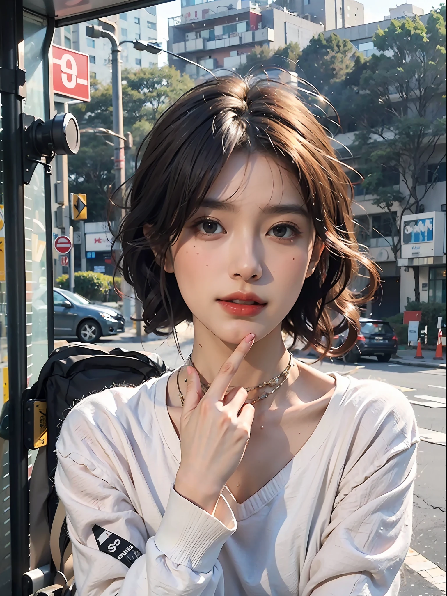 randome pose, mix4,(8K, RAW photo, Best quality, Masterpiece:1.2), (Realistic, photo-realistic:1.37),1girll,Cute,Cityscape, Night, rain, Wet, Professional lighting, photon maping, Radio City, Physically-based rendering,, gradient black colour hair,, White hair, Short curly hair, Handsome, Girl, white ball suit, top quality picture, high resolution, 1080p, (Clear face), (Detailed facial description), (Detailed hand description), (Masterpiece), (exquisite CG), Extreme light and shadow, Messy hair, Master's work, rich details, (Fine facial features), (highest quality picture), (Masterpiece), (Detailed eyes),Look ahead with your eyes,fine collar bone