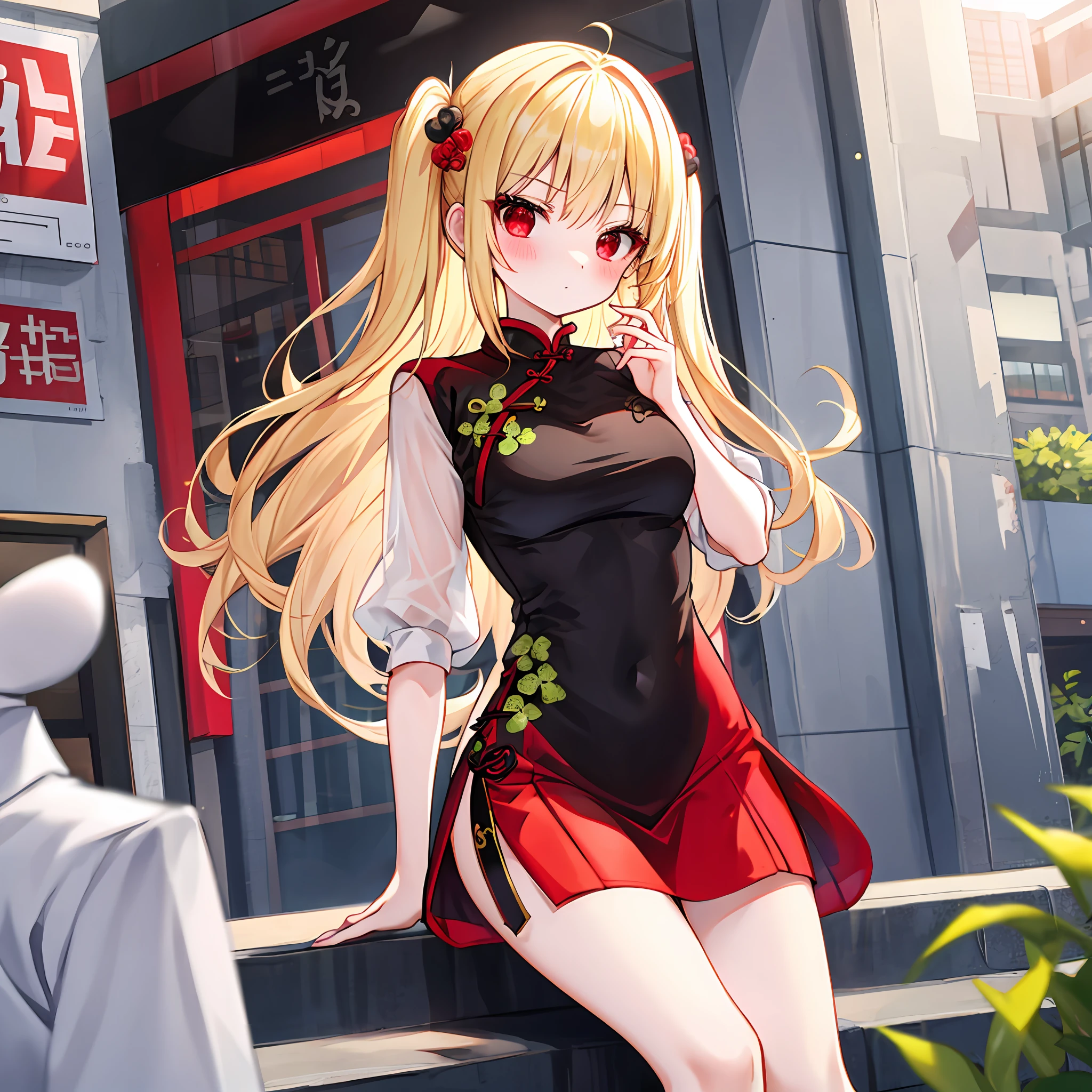 a blonde girl、red eyes、soio、red blush、qipao dress、a miniskirt