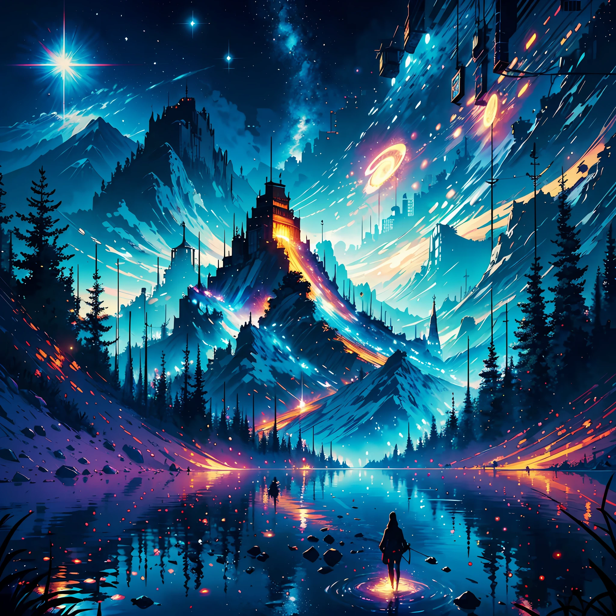 starry night sky with stars and mountains reflected in a lake, 4k highly detailed digital art, 8k stunning artwork, 4k detailed digital art, 8k high quality detailed art, dan mumford and albert bierstadt, epic fantasy sci fi illustration, anton fadeev and dan mumford, sci-fi fantasy wallpaper, impressive fantasy landscape, 8k hd wallpaper digital art --auto --s2