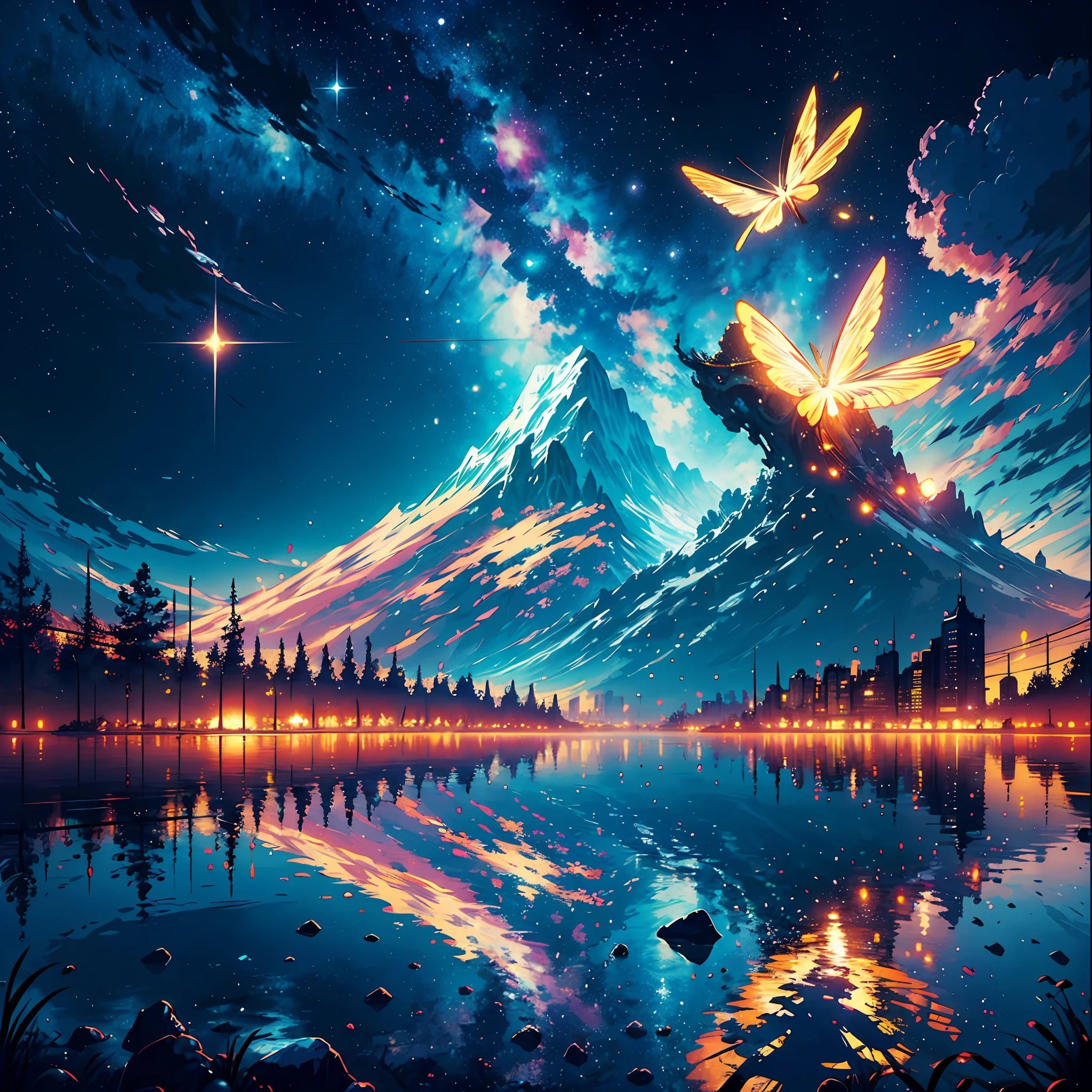 starry night sky with stars and mountains reflected in a lake, 4k highly detailed digital art, 8k stunning artwork, 4k detailed digital art, 8k high quality detailed art, dan mumford and albert bierstadt, epic fantasy sci fi illustration, anton fadeev and dan mumford, sci-fi fantasy wallpaper, impressive fantasy landscape, 8k hd wallpaper digital art --auto --s2