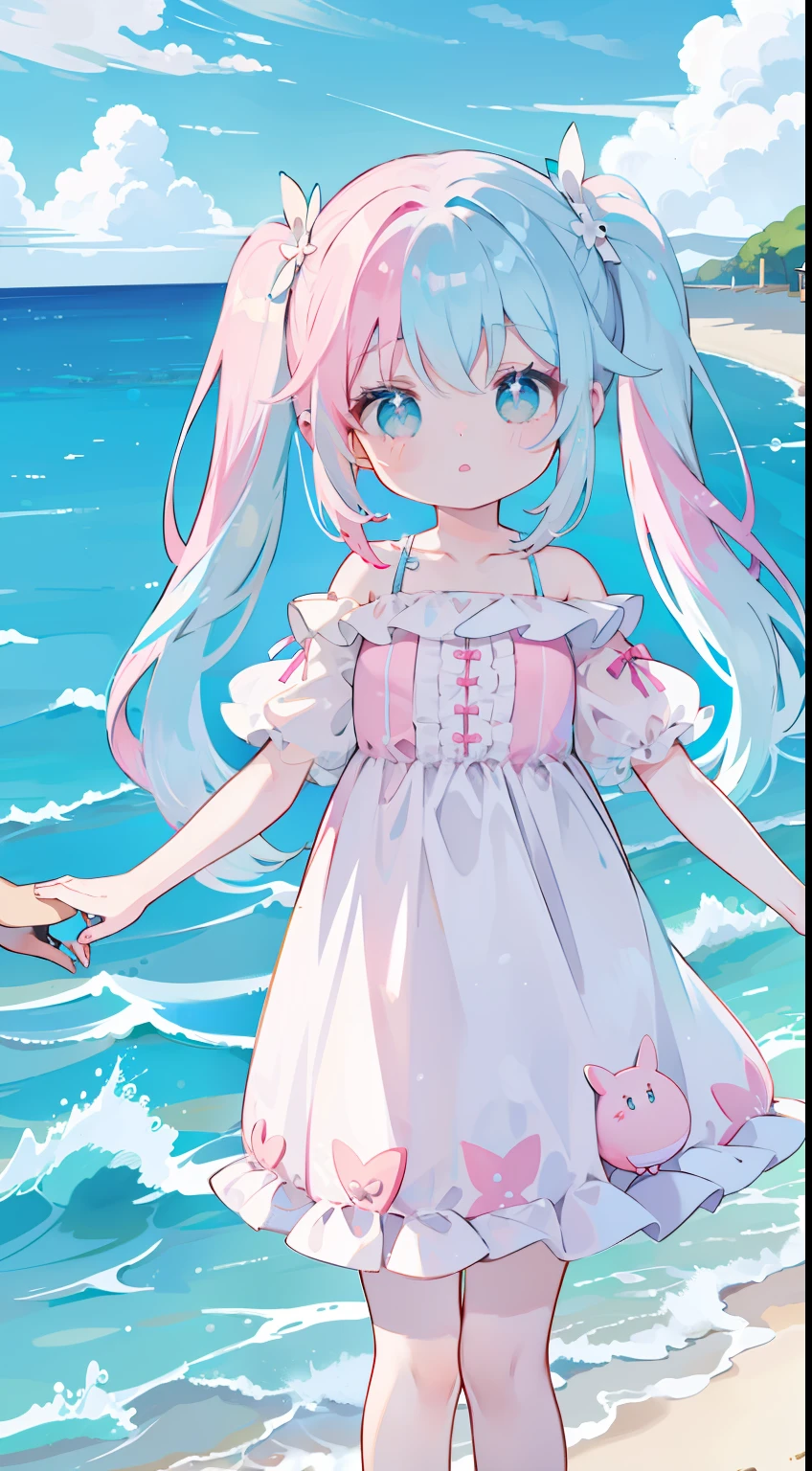 、Pink hair、light blue eyes、Only one twintail、Holding hands、sea side、summer dress、masterpiece、top-quality、Top image quality、lightblue hair