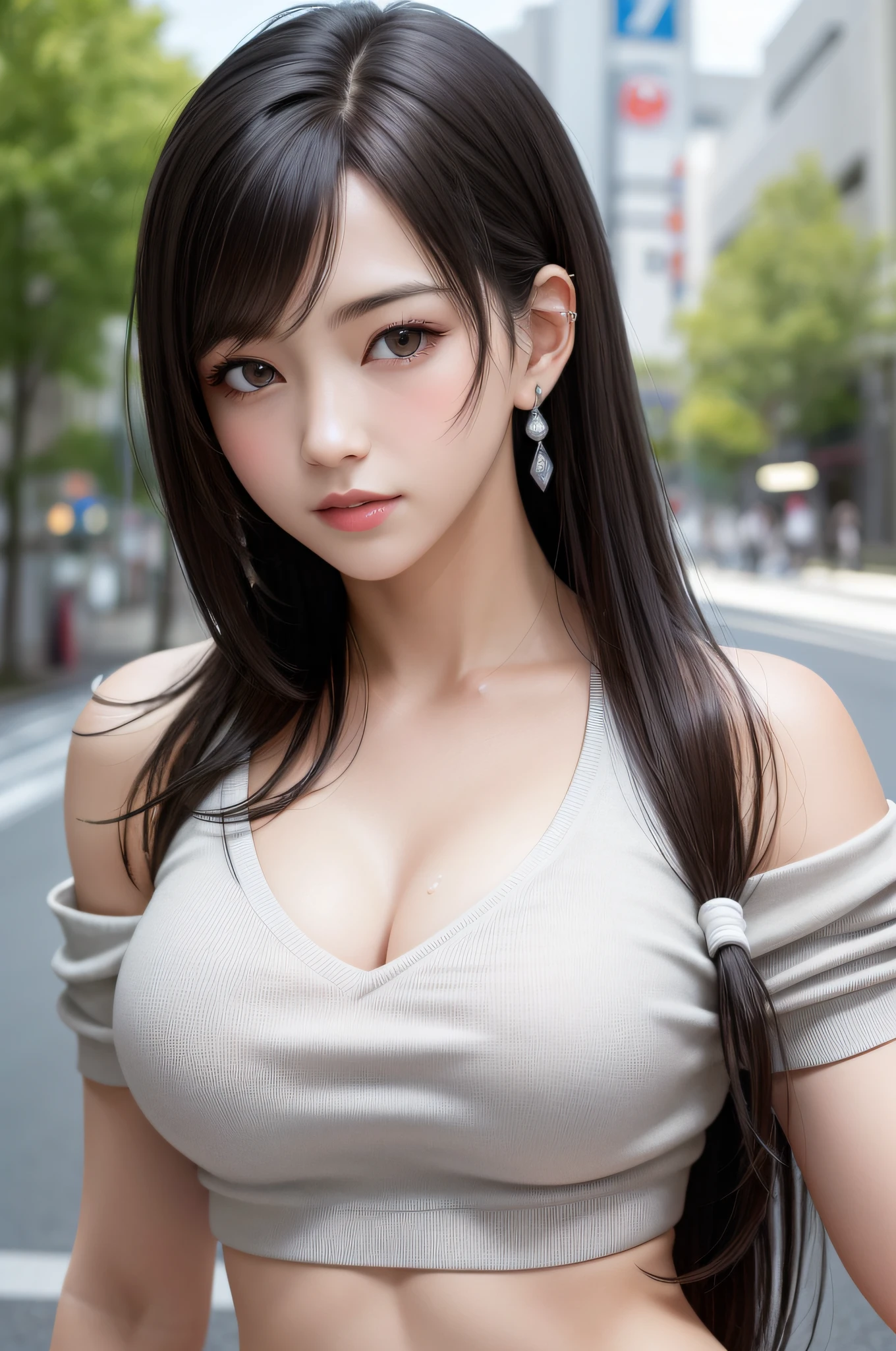 (Top Quality, Masterpiece: 1.1), (Real: 1.4), BREAK (((FF7))) (((Tifa))),(1Girl:1.2),Ultra-detailed face, Detailed eyes,((Light Brown Hair, Large breasts: 1.2)), BREAK (((FF7))) (((Tifa))),((tokyo,street,summer),(sweat:1.2,perspired:1.2),Beautiful clavicle, (girl wearing off-shoulder baggy summer knit,bare shoulders, bare neck), BREAK (shiny oiled skin: 1.4), about 18 years old,sexy pose