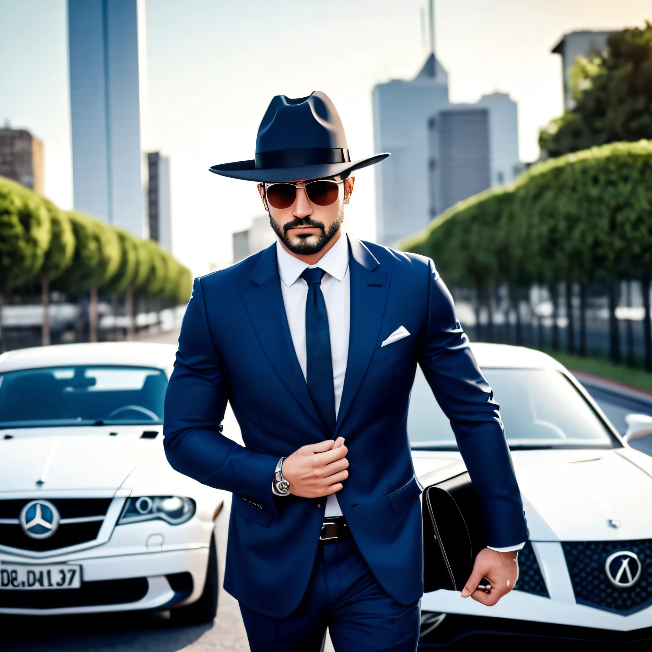 Uma imagem de uma pessoa extremamente forte, with twentieth-century theme. The person is a man who is dressed in a classic suit, with a tie and a hat. He's holding a briefcase with one hand and a plane with the other, showing their power and influence. He has defined muscles and an expression of seriousness and elegance. He's in a city, with buildings and cars in the background. The image has a vintage and artistic style, com cores suaves e pinceladas. --auto