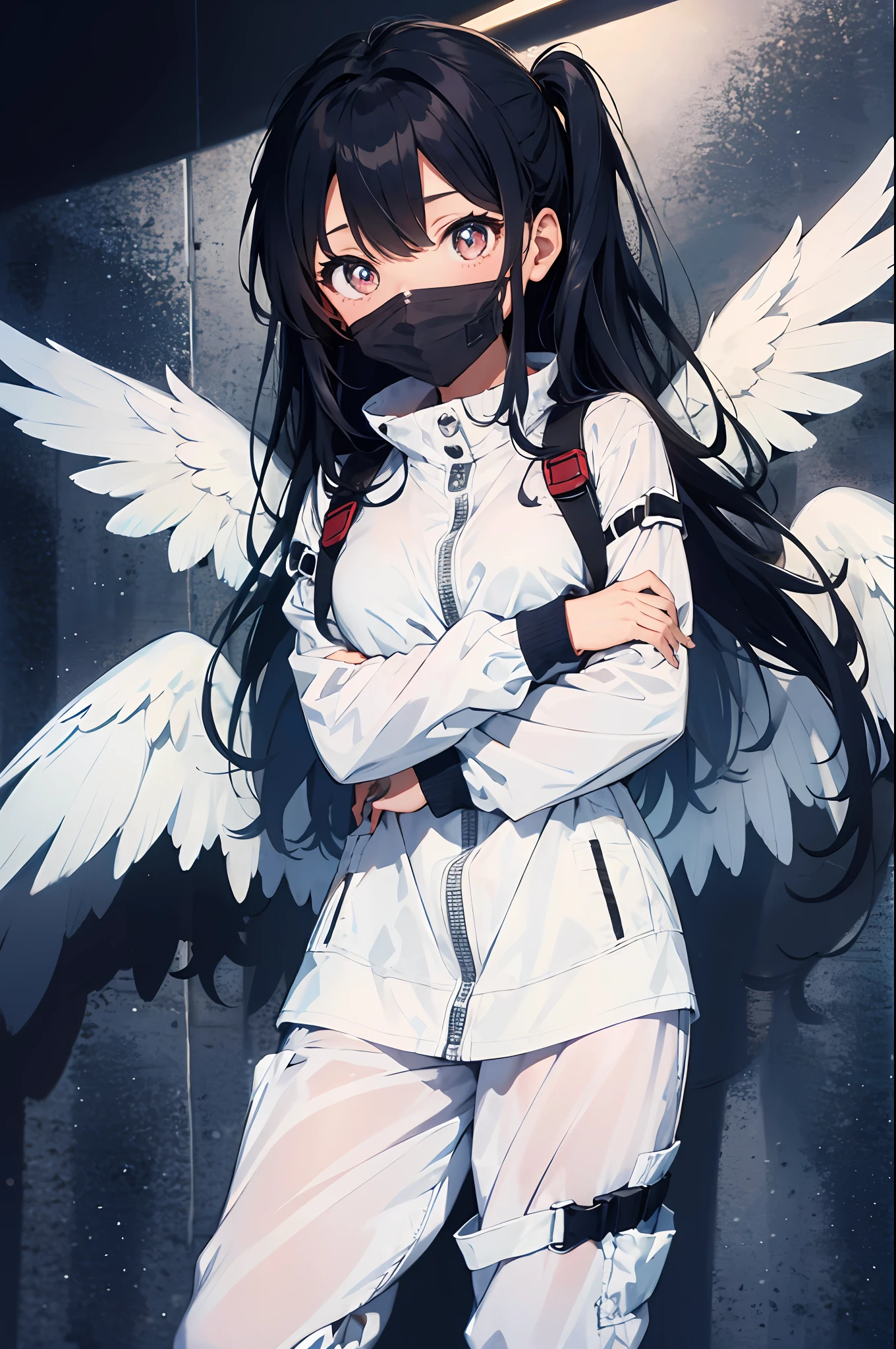 (masterpiece),
solo,1girl,   standing,blue hair, long hair,glowing eyes, no pupils, angel, angel wings, feathered wings, halo, heart-shaped pupils, standing,surgical mask,