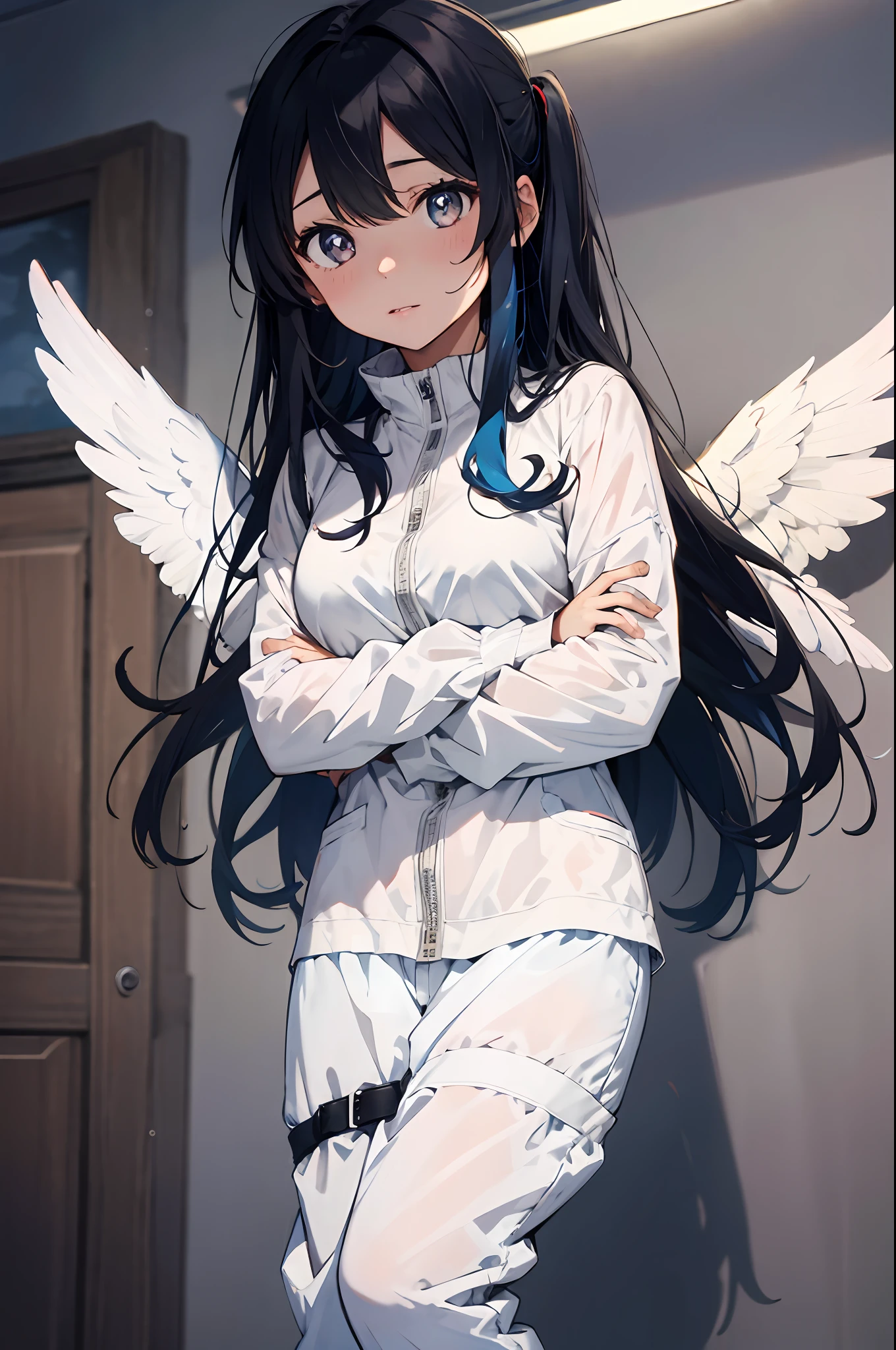 (masterpiece),
solo,1girl,   standing,blue hair, long hair,glowing eyes, no pupils, angel, angel wings, feathered wings, halo, heart-shaped pupils, standing,surgical mask,