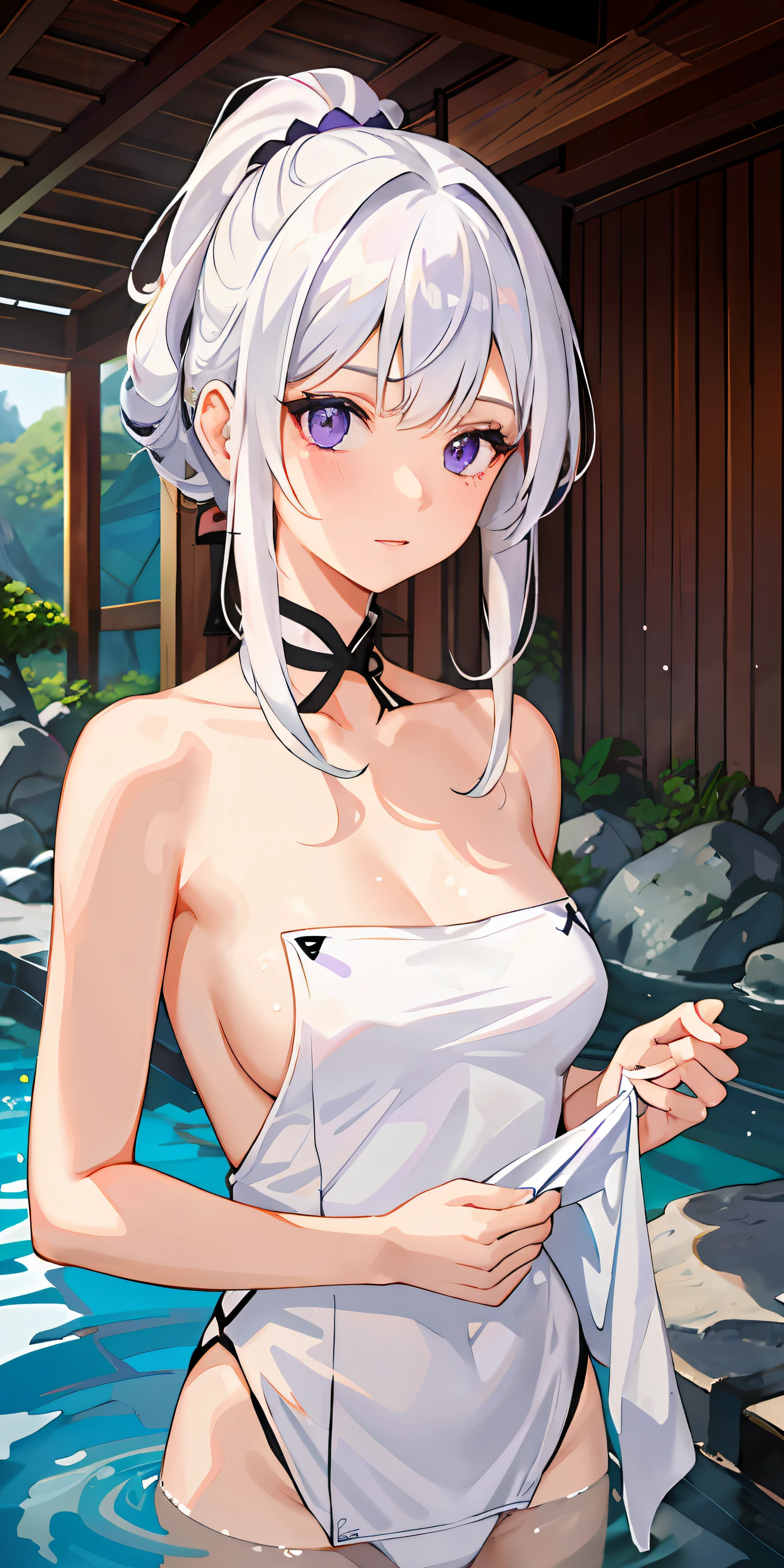 1girl, White hair, Purple eye, sportrait, photorealestic, Towels, (onsen), sidelighting, wallpaper, nsfw,se'x