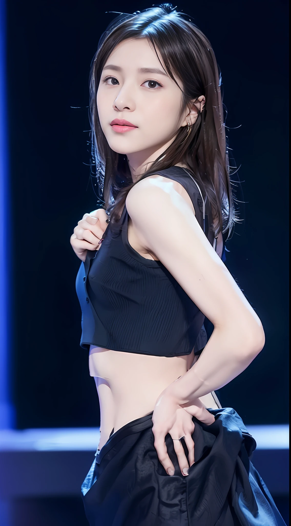 1 girl in(8K、Raw photography、top-quality、masterpiece:1.2)、(realisitic、realisitic:1.37)、ultra-detailliert、FULL BODYSHOT、Popular singers in the spotlight on stage、Live performance venue、Stand Microphone、(((No clothes)))、realistic eyes and face details、natural skin textures、Armpit、decolletage、 of the breast、(hs thighs thighs thighs、Raw feet)))、a navel、abdominals、Fair skin、A detailed face、真实感、Realistic background、Realistic lighting、sexypose、Sweatkin