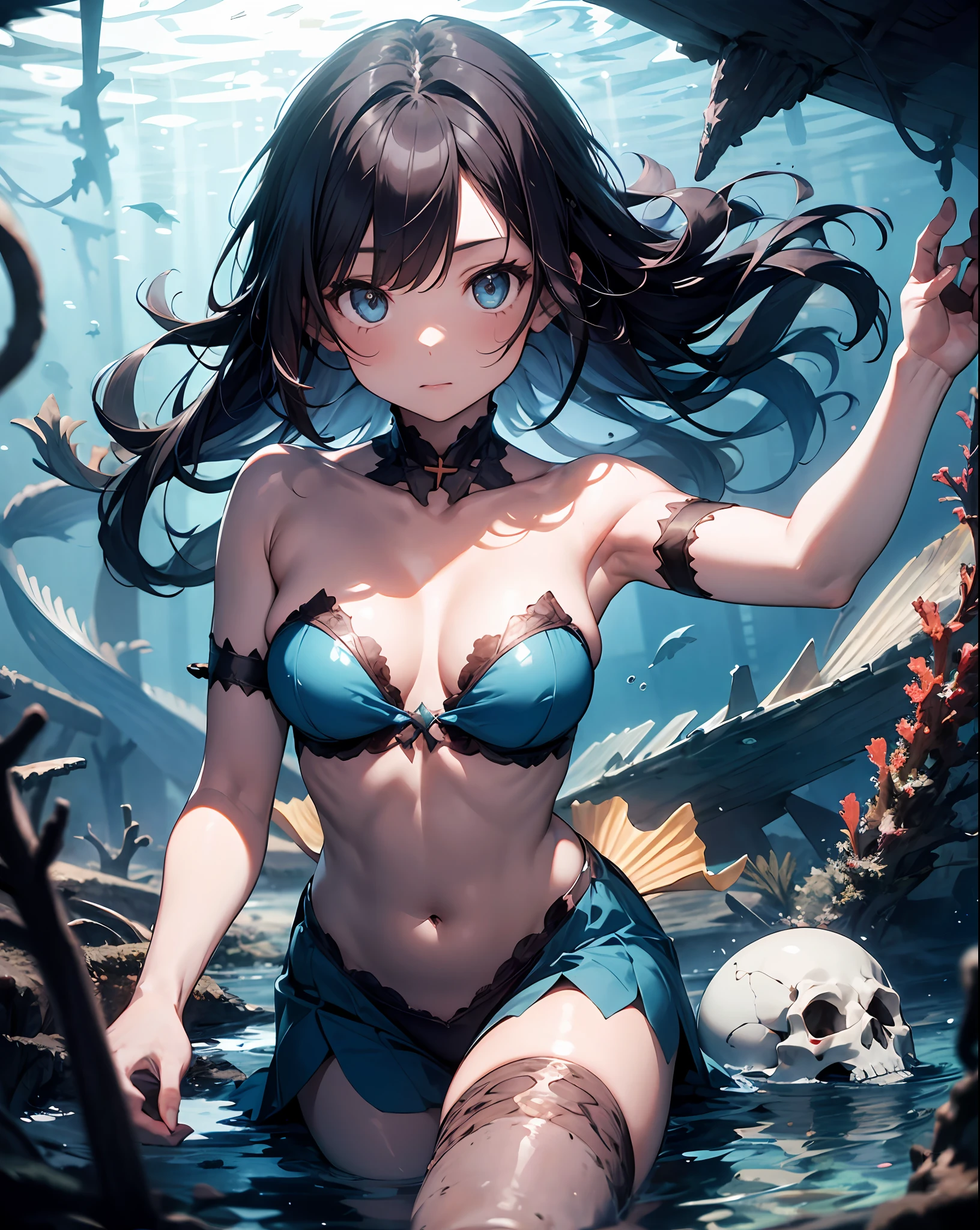 1girl, underwater, skeleton,corpse,Beneath the sea, where tendrils of coral and vines abound, a (mermaid) girl stares at you from amidst a pile of bones and skulls. Her eyes gleam with an eerie light.