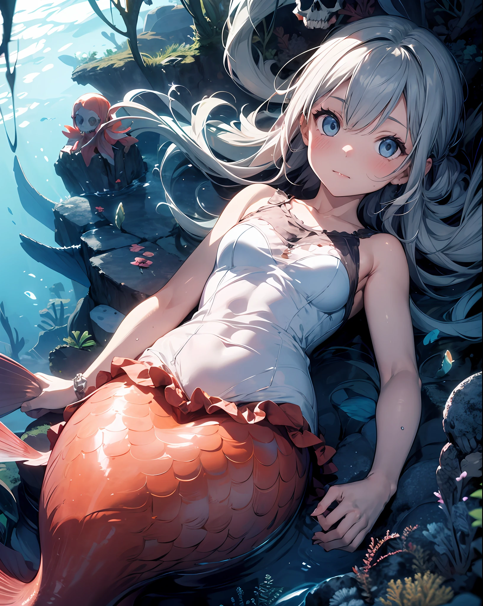 1girl, underwater, skeleton,corpse,Beneath the sea, where tendrils of coral and vines abound, a (mermaid) girl stares at you from amidst a pile of bones and skulls. Her eyes gleam with an eerie light.