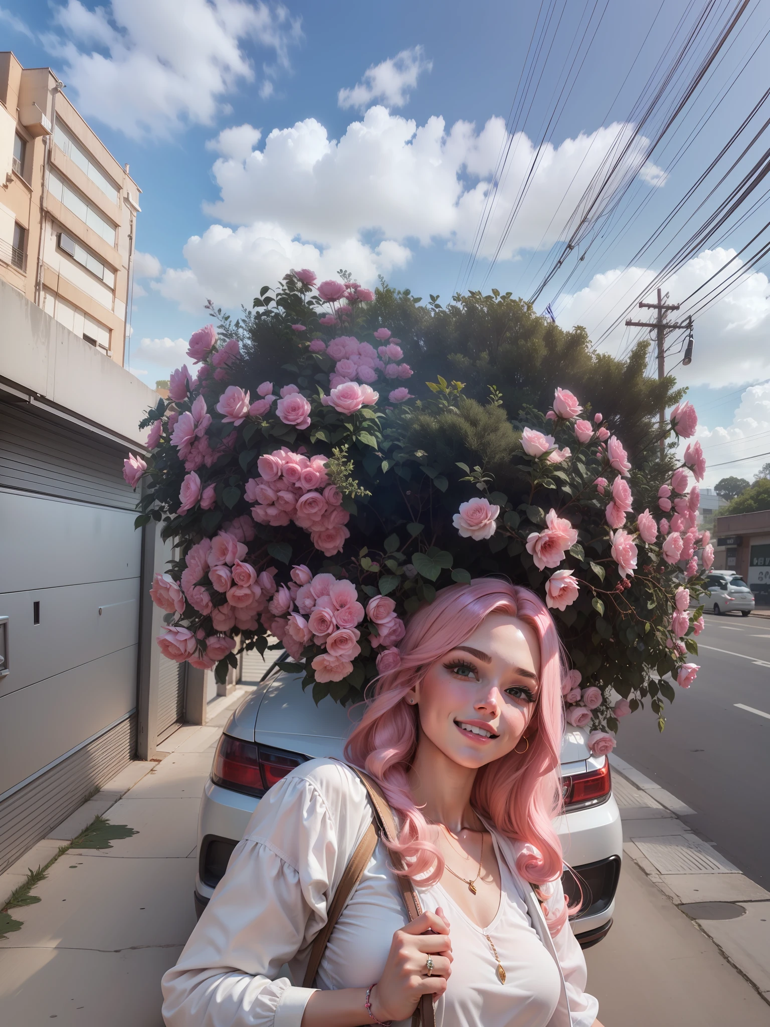 Uma Barbie toda de rosa choque, cabelo rosa, sorrindo, cabelo em neon,roupa rosa, blusa rosa choque, realista, 8k, detalhes intrincados