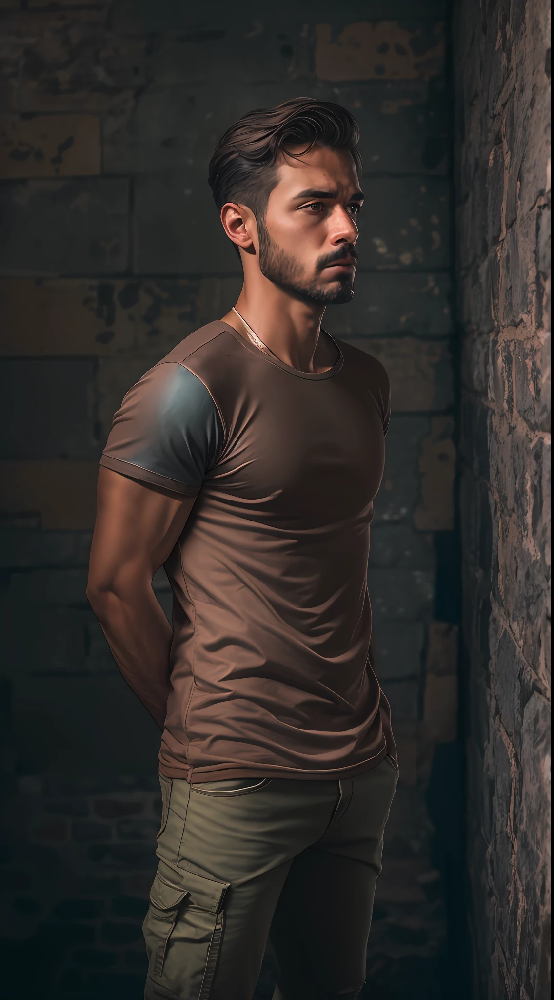 homem jovem, corpo inteiro, usando (((camiseta e bretelle))), ((magro)), fotografiarrealista, fotografia, obra-prima, realista, Realismo, renderizado, Alto contraste, arte digital, fotográficorealista, trend in Artstation 8k HD, High definition, circunstanciado, Realistic;, detalhada, textura da pele, hiperdetalhada, Textura realista da pele, armadura, melhor qualidade, ultra high-resolution, (fotografiarrealista: 1.4), alta resolução, detalhada, fotografia crua, sharp re, Nikon D850 Film Stock Photography 4 Camera Kodak Portra 400 Lens F1.6 colors rich hyper realistic texture dramatic lighting unrealengine trend in artstation cinestill 800, ..RAW.