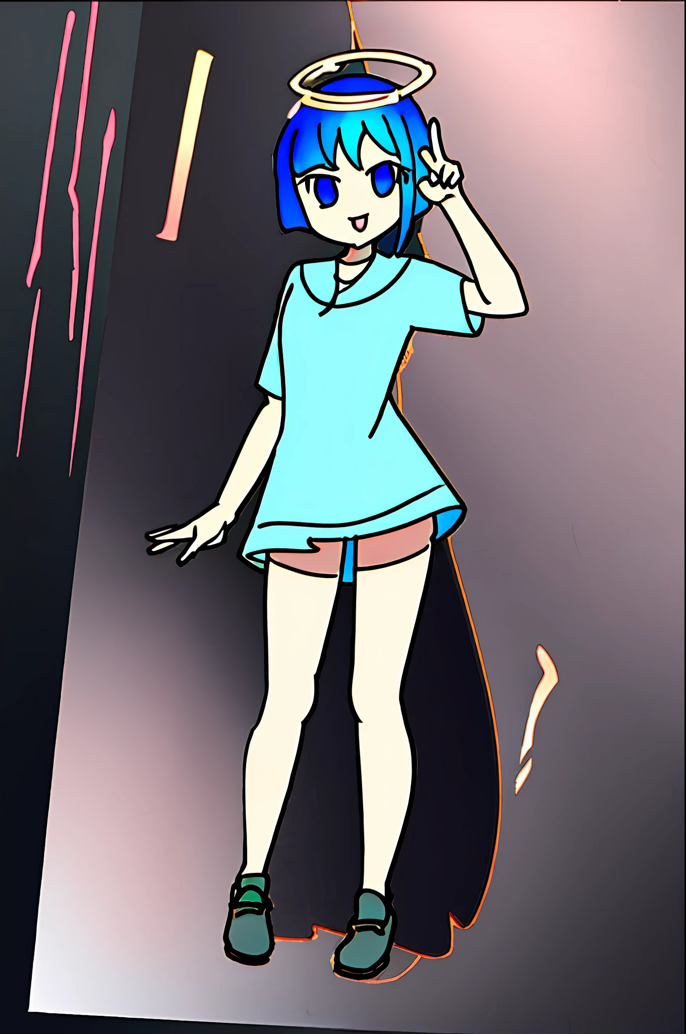 Ai's pose， 1girll， 独奏， :p， V， with black background， Double V，  1girll，  The halo， short detailed hair， Single braid， 校服， blue-shirt，