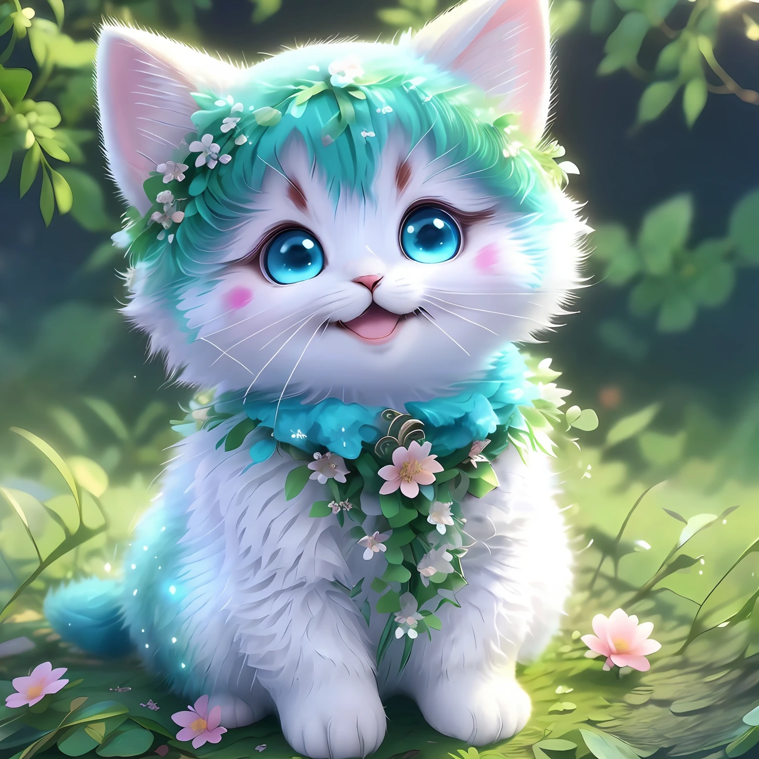 ， Realistis， shaggy， （Kitten dressed）， an cheeks， full bodyesbian， Non-human， ssmile， sparkle eyes， Minitary， Sit on a branch， lying down