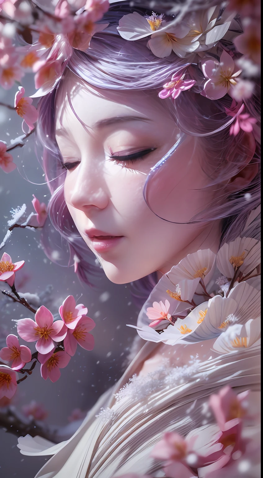 illustration: 1.3), （paper art: 1.4） a 3D render, , (Beautiful side face，closing her eyes:1.3), (Representative work plum blossoms:1.2)(Masterpiece snow:1.2) , Colorful, Best quality, Detailed details, Masterpiece, offcial art, movie light effect, 4K, Chiaroscuro , Flash