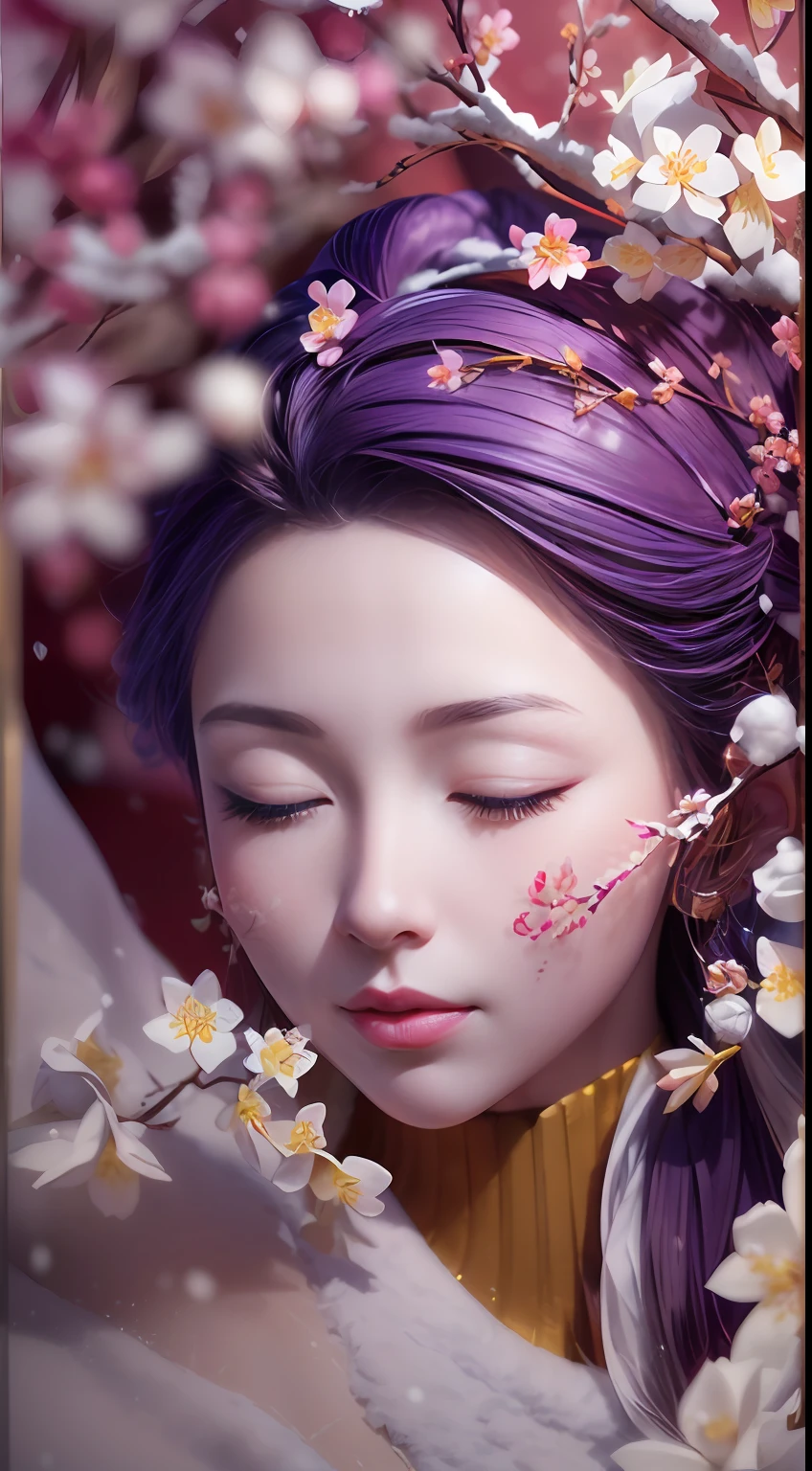 illustration: 1.3), (paper art: 1.4) a 3D render, , (Beautiful side face,closing her eyes:1.3), (Representative work plum blossoms:1.2)(Masterpiece snow:1.2) , Colorful, Best quality, Detailed details, Masterpiece, offcial art, movie light effect, 4K, Chiaroscuro , Flash