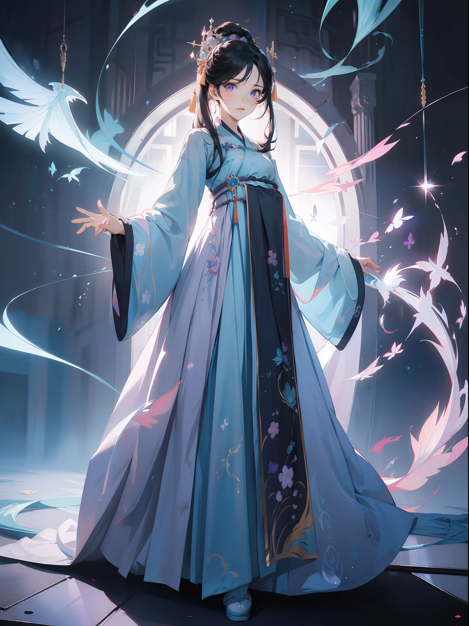 ultraclear，tmasterpiece，Standing drawings of characters，Whole body diagram，1girll，Chaise，Purple eye，expression sad，，Stand up，Long black hair fluttering，((Light blue hanfu))，Blank background，