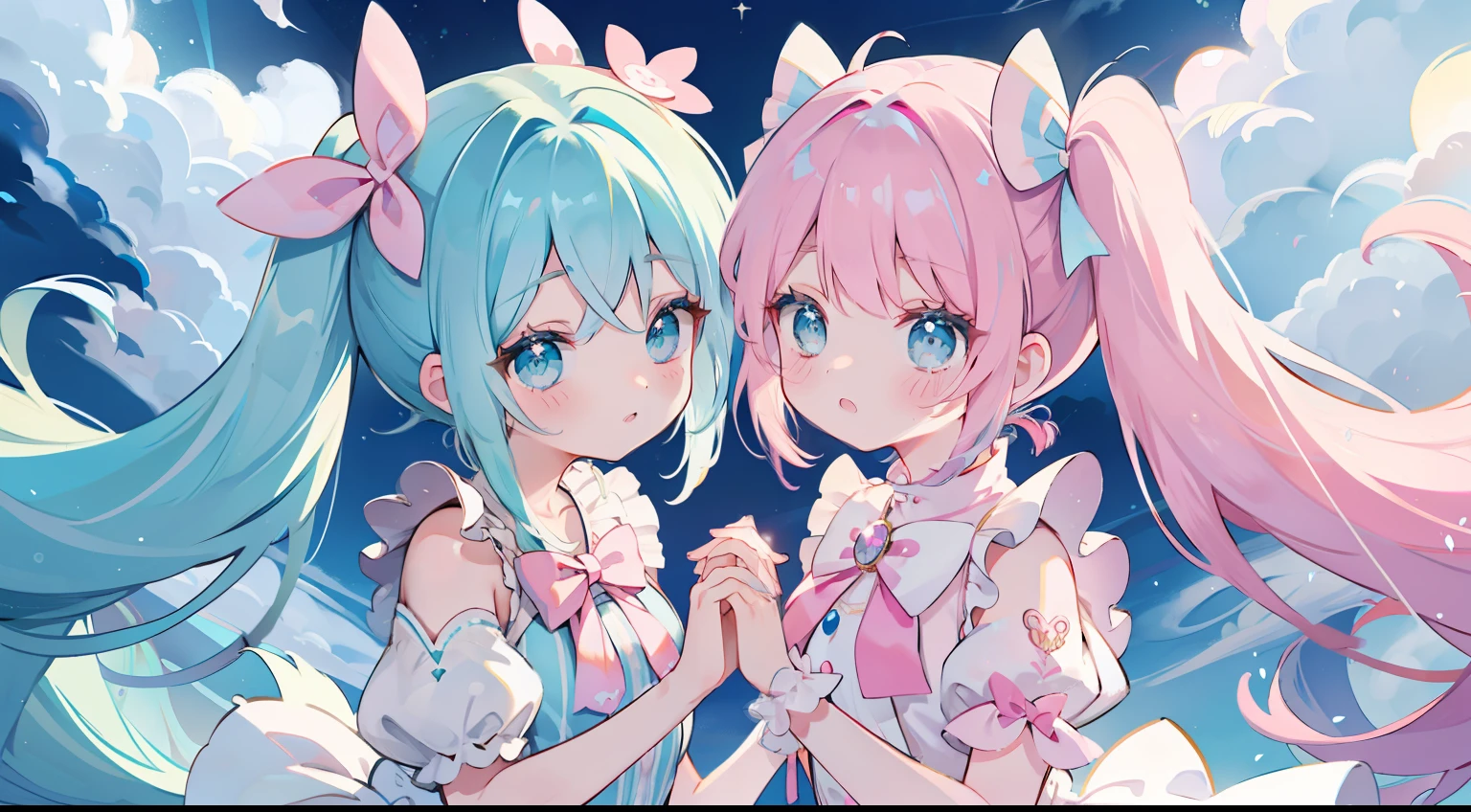 twinsies、Pink hair、light blue  eyes、Only one twintail、Holding hands、Magic Street、onepiece、bow ribbon、​masterpiece、top-quality、Top image quality、lightblue hair