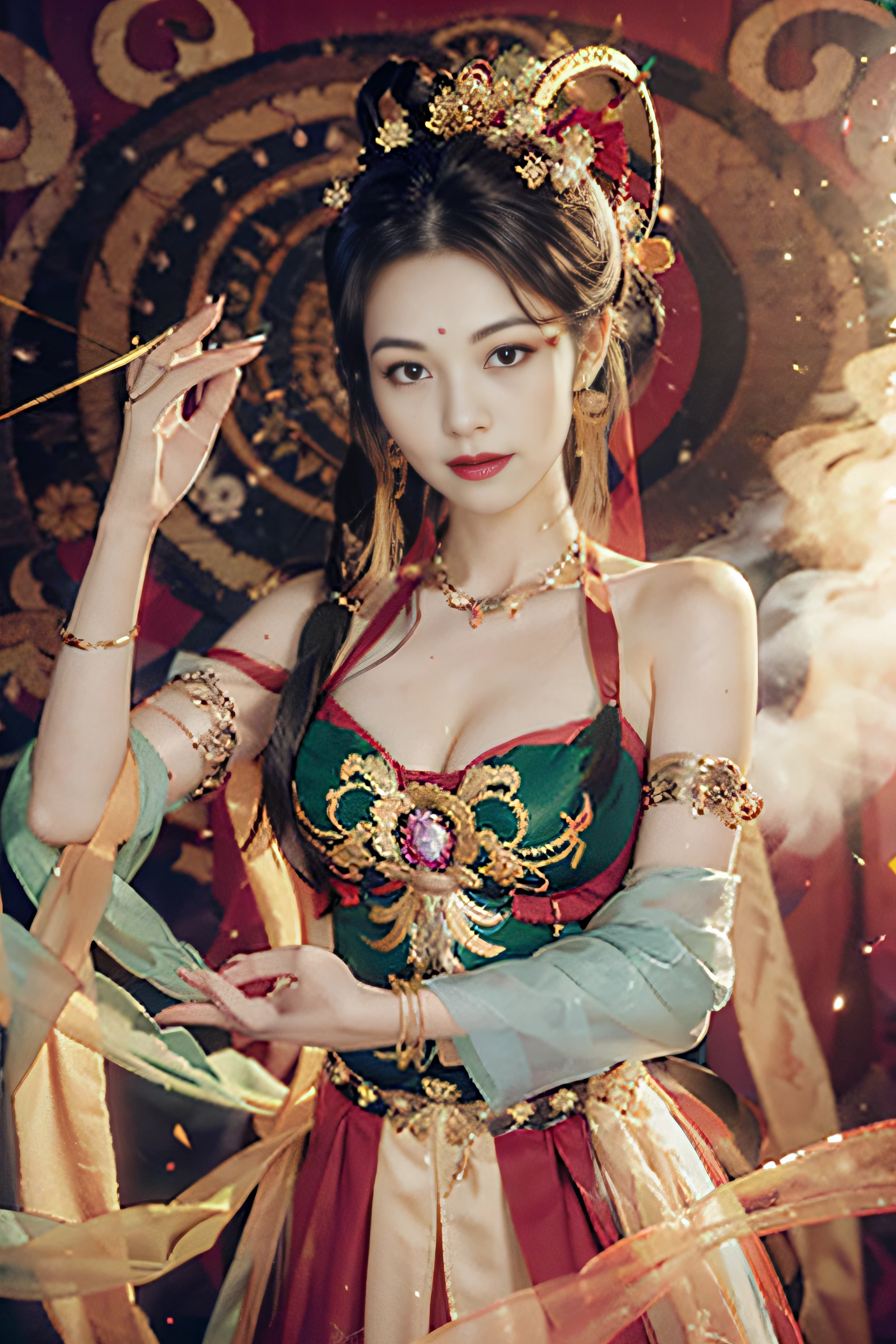（8K，RAW photos，best qualtiy，tmasterpiece：1.2），（realisticlying，Photorealistic and realistic：1.4），（Very detailed CG unity 8K wallpaper），（1个Giant Breast Girl），Dance，dunhuang_dress，dunhuang_Style，dunhuang_Background，[[[on 1 hand only four fingers + 1 thumb]]], Gold ornaments，Ancient Chinese hairstyle，gossamer，Streamers，light make-up，eye shadows，Eyebrow nevi，（confront），dynamicposes，Background smoke surrounding，Red and green color scheme，Petals flying,the detail，jewelry，耳Nipple Ring，bangle，bshoulders，complex texture，Bust，Guqin，lute