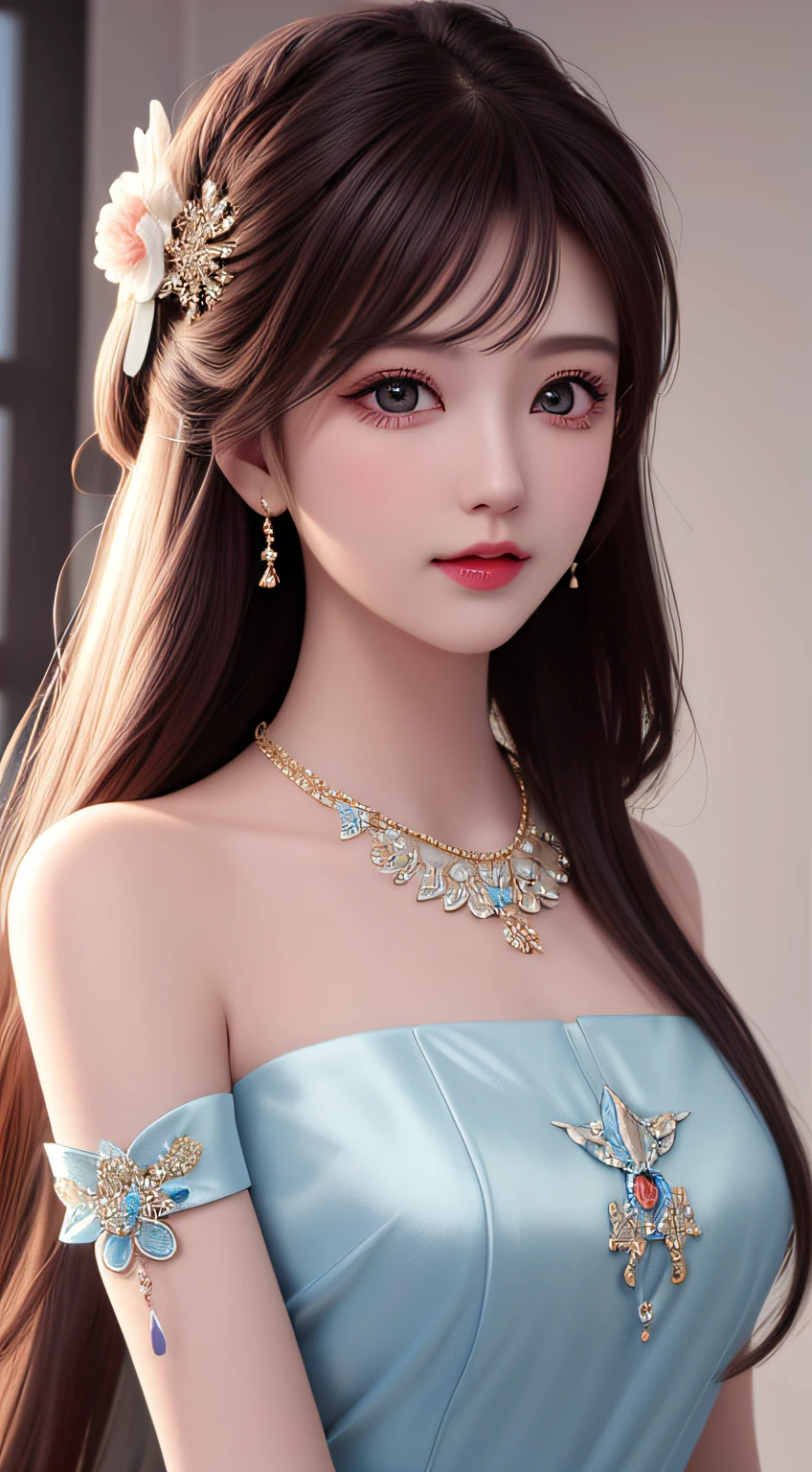 Best quality, masterpiece, high resolution, 1girl, porcelain dress, hair accessories, necklace, jewelry, beautiful face, on the body, Tyndall effect, realistic, dark studio, edge lighting, two-tone lighting, (high detail skin: 1.2), 8k UHD, dslr, soft light, high quality, volumetric light, candid, photo, high resolution, 4k, 8k, background blur,