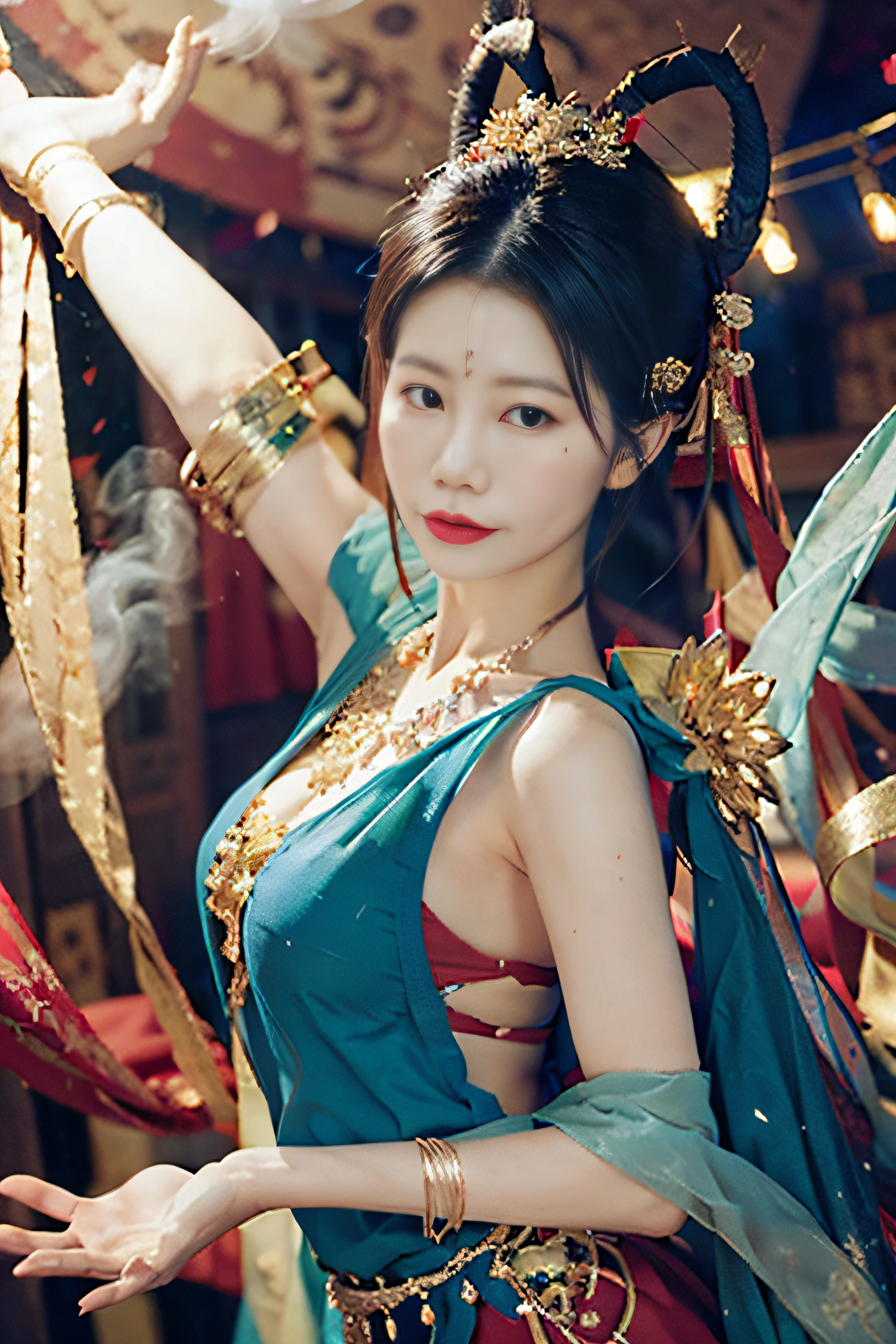 （8K，RAW photos，best qualtiy，tmasterpiece：1.2），（realisticlying，Photorealistic and realistic：1.4），（Very detailed CG unity 8K wallpaper），（1个Giant Breast Girl），Dance，dunhuang_dress，dunhuang_Style，dunhuang_Background，[[[on 1 hand only four fingers + 1 thumb]]], Gold ornaments，Ancient Chinese hairstyle，gossamer，Streamers，light make-up，eye shadows，Eyebrow nevi，（confront），dynamicposes，Background smoke surrounding，Red and green color scheme，Petals flying,the detail，jewelry，耳Nipple Ring，bangle，bshoulders，complex texture，Bust，Guqin，lute