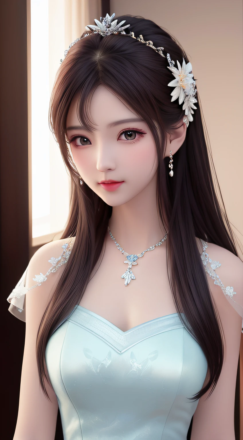 Best quality, masterpiece, high resolution, 1girl, porcelain dress, hair accessories, necklace, jewelry, beautiful face, on the body, Tyndall effect, realistic, dark studio, edge lighting, two-tone lighting, (high detail skin: 1.2), 8k UHD, dslr, soft light, high quality, volumetric light, candid, photo, high resolution, 4k, 8k, background blur,