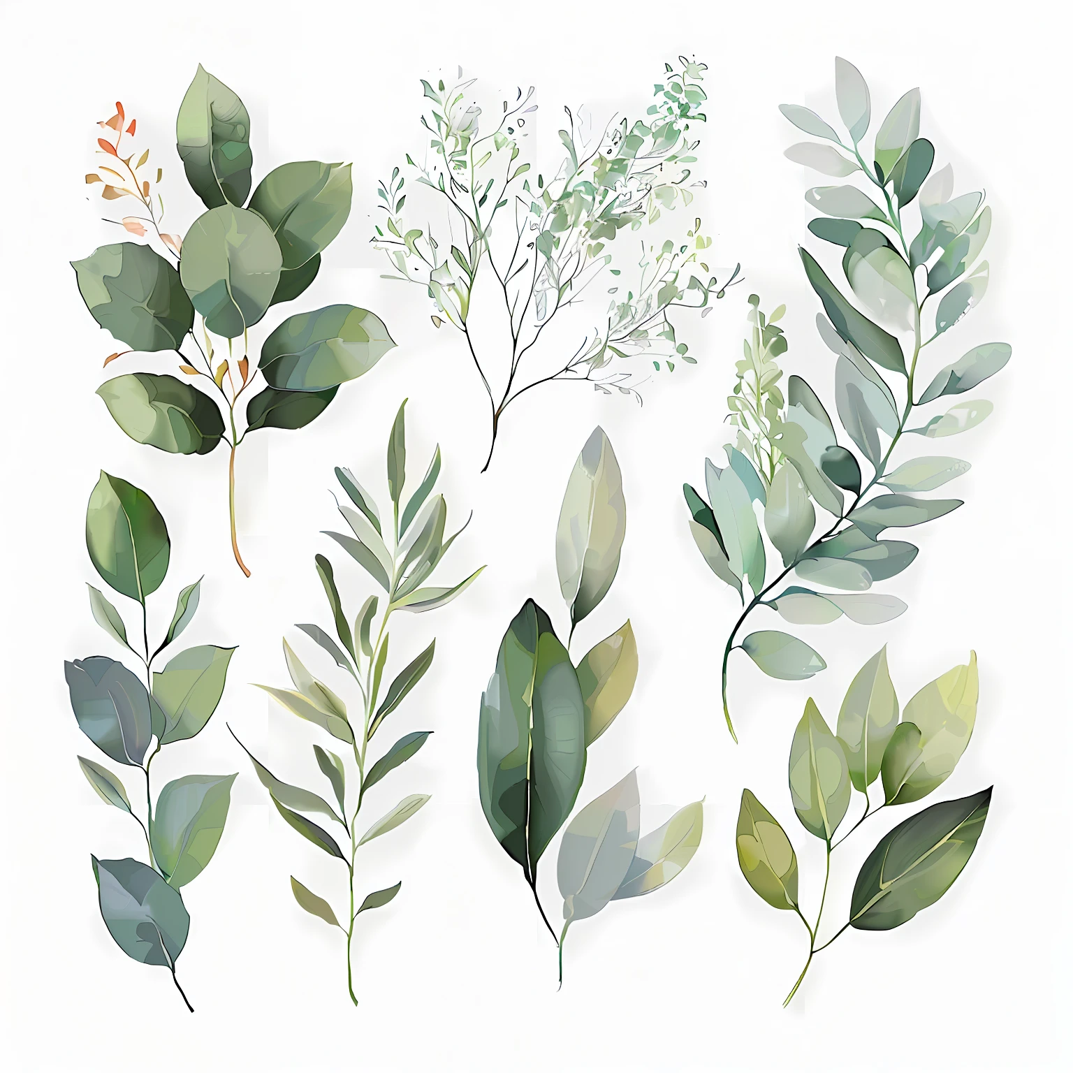 Close up of a bunch of green leaves on white background, botanic foliage, botanical watercolors, branches and foliage, Green plants, leaves foliage and stems, Green leaves, leafs, botanical background, green leaf, green color), highly detailed green leaves, Greenery, A plant, dark green leaves, verdant plants, Watercolor illustration style, highly detailed leaves, green color