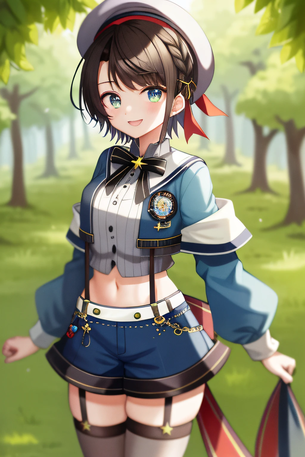 2D, ​masterpiece, top-quality, animesque, ighly detailed, cowboy  shot, 1girl in, 独奏, Subaru_suspenders, Subaru_suspenders, french braids, Blue jacket, Grey shirt, Black bow tie, Star\(Symbols\), Blue shorts, Midriff, Gray hat, Grey Socks, is standing, plein air, A smile,Opening Mouth