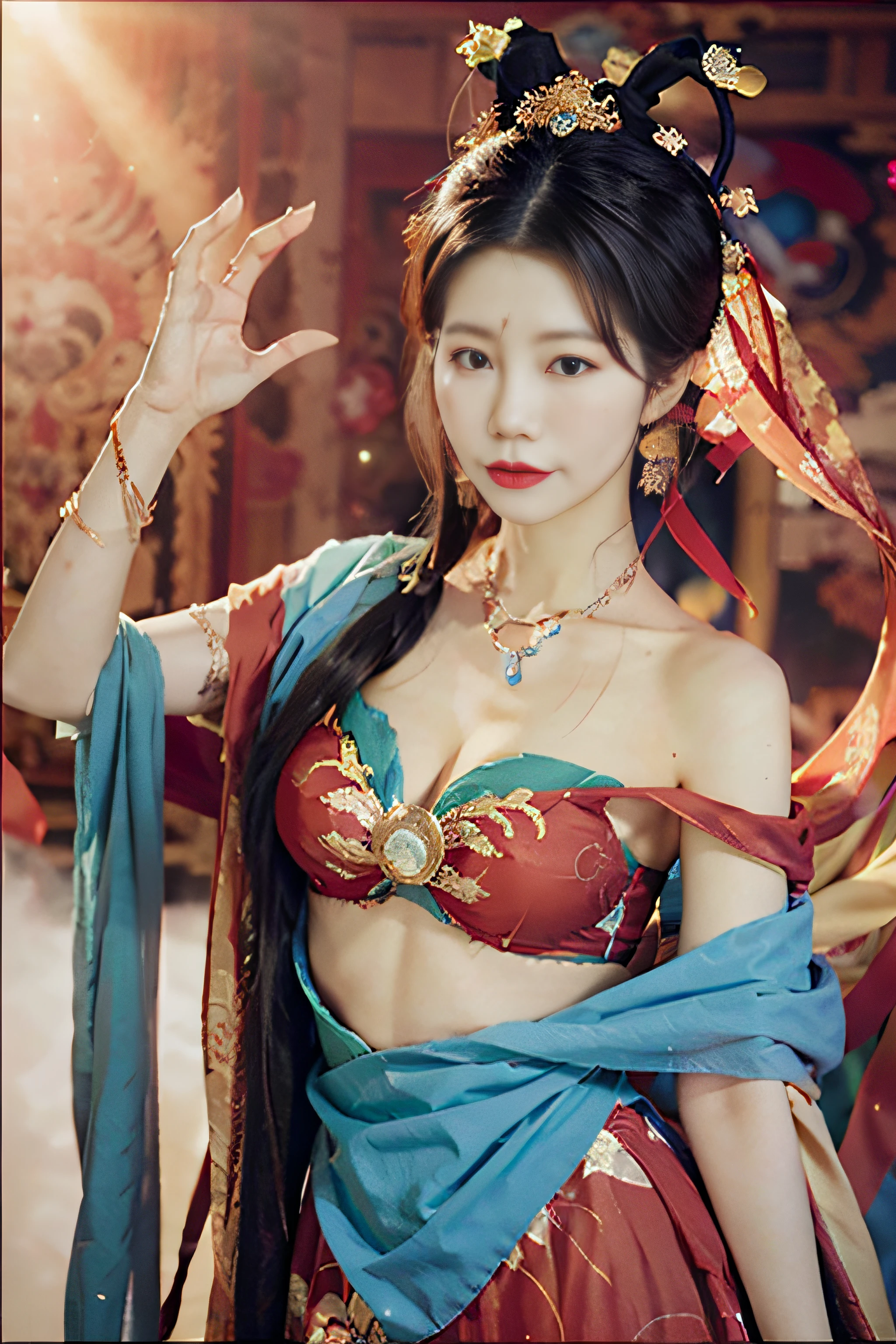 （8K，RAW photos，best qualtiy，tmasterpiece：1.2），（realisticlying，Photorealistic and realistic：1.4），（Very detailed CG unity 8K wallpaper），（1个Giant Breast Girl），Dance，dunhuang_dress，dunhuang_Style，dunhuang_Background，[[[on 1 hand only four fingers + 1 thumb]]], Gold ornaments，Ancient Chinese hairstyle，gossamer，Streamers，light make-up，eye shadows，Eyebrow nevi，（confront），dynamicposes，Background smoke surrounding，Red and green color scheme，Petals flying,the detail，jewelry，耳Nipple Ring，bangle，bshoulders，complex texture，Bust，Guqin，lute