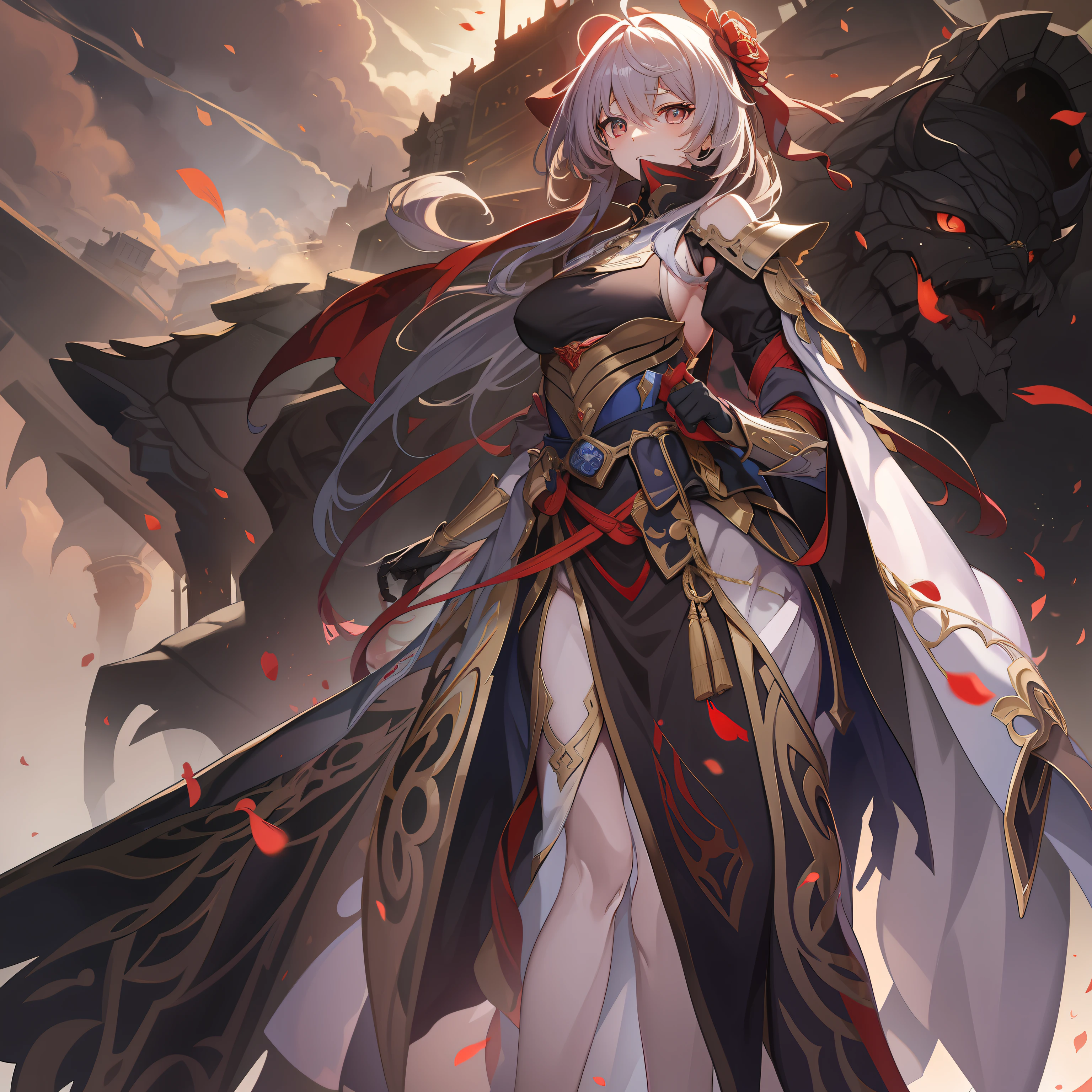 I saw that the woman was wearing a crimson battle dress,Cloaked in golden armor,Despite some wear and tear,But in the sunset,But it shines with a slightly divine light。The woman has a graceful figure,Long legs and thin waist,Walk with the wind,Swagger,The saber scabbard around the waist is black,It's embellished with some kind of mysterious pattern,The handle is tightly wound with strands of red thread。Although on the battlefield lives the days of killing,But this face does not seem to belong to the battlefield,White tender and smooth,It is like a fairy painting,There was a bit of heroism between the eyebrows,The black eyes of the two eyes are vivid。