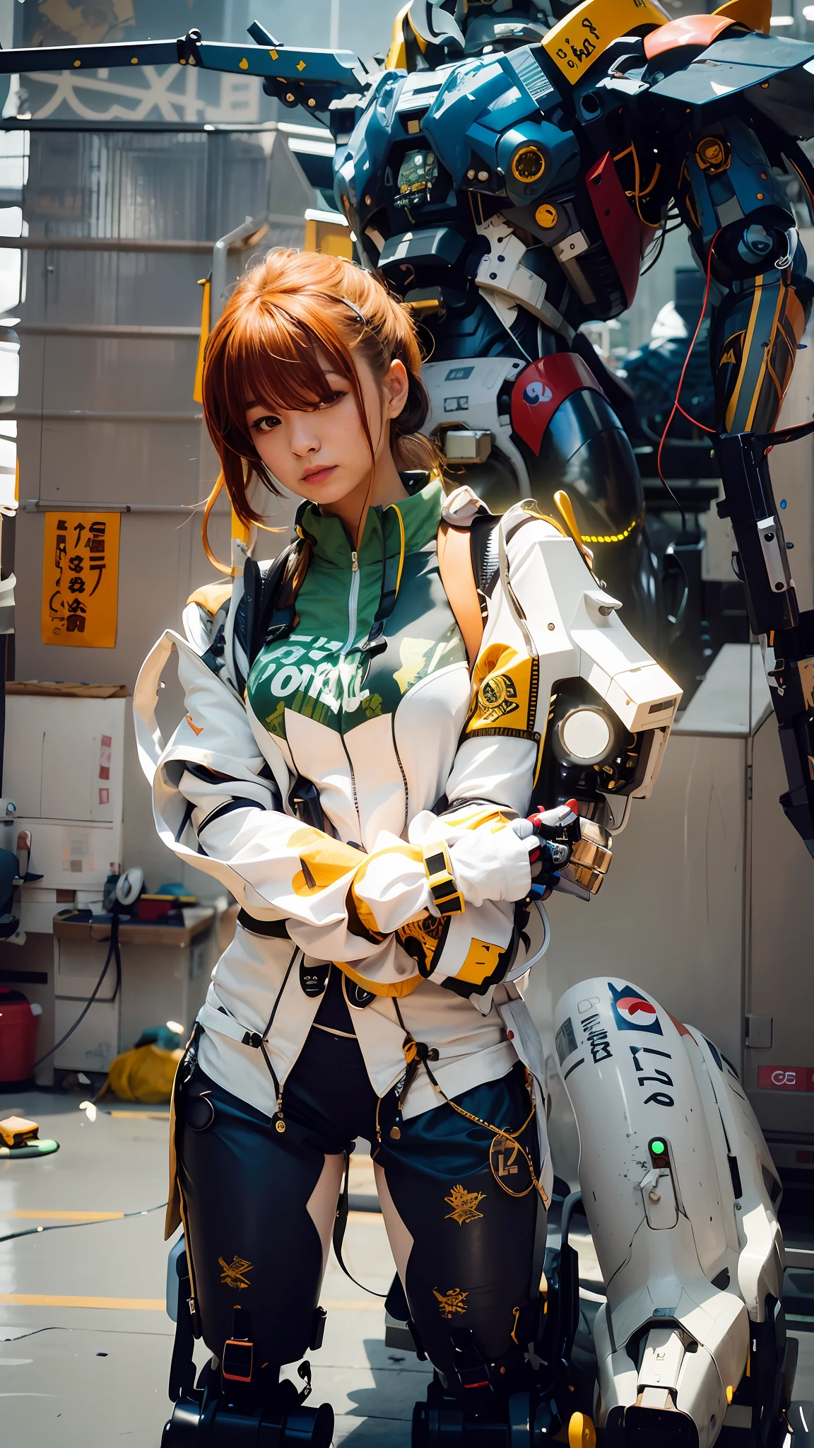 There was a woman standing next to the robot, girl in mecha cyber armor, cyberpunk anime girl mech, Retrato Armored Astronauta Menina, girl wearing robotic suit, portrait anime space cadet girl, perfect anime cyborg woman, female mecha, japanese cyborg, anime robotic mixed with organic, anime mech armor, Mecha suit, cyber japan armor, cyber japan style armor