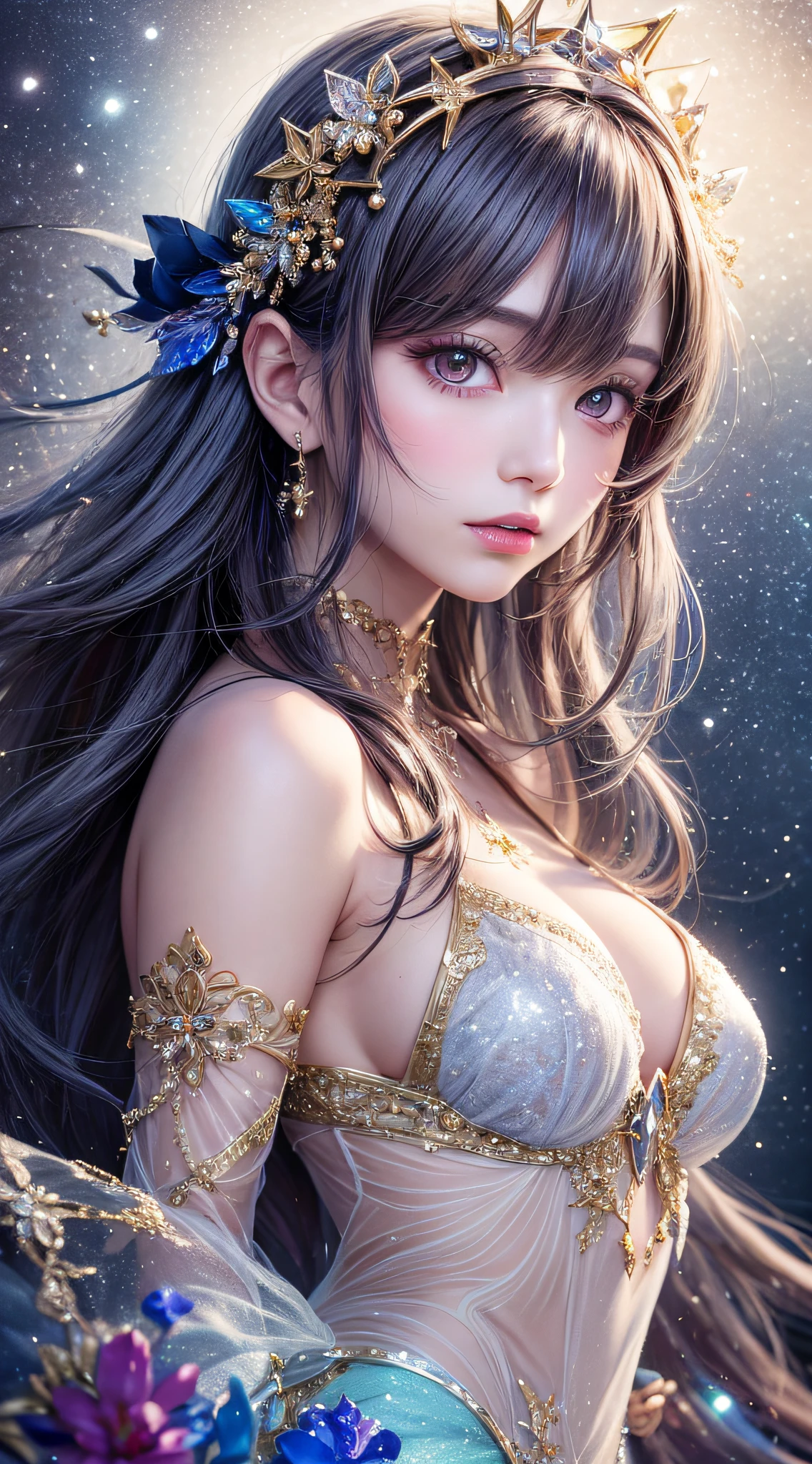 Beautiful girl story wrapped in love, Beautiful eye details, A captivating anime girl gracefully emerges from the pages of a watercolor painting, Her vivid and complex colors are, Bring your artwork to life, (see-through transparent clothes, Transparent costume:1.5), She wears a chest-opening fantasy costume decorated with delicate details,Fascinating worldview, Luminescent elements, Glowing crystals surround her like air, casting a soft, otherworldly glow,  The style of watercolor painting is、Imbues the image with a sense of fluidity and delicacy, as if the colors are effortlessly blending and bleeding into one another, Camera shot: medium shot, Soft Focus, luminescent glow　Lighting, watercolor brushstrokes, Sophisticated and very delicate anime illustration, unique colors, Portrait of an anime girl, Costume with open chest, Irridescent color,  beautiful girl illuminated by seven colors of light,