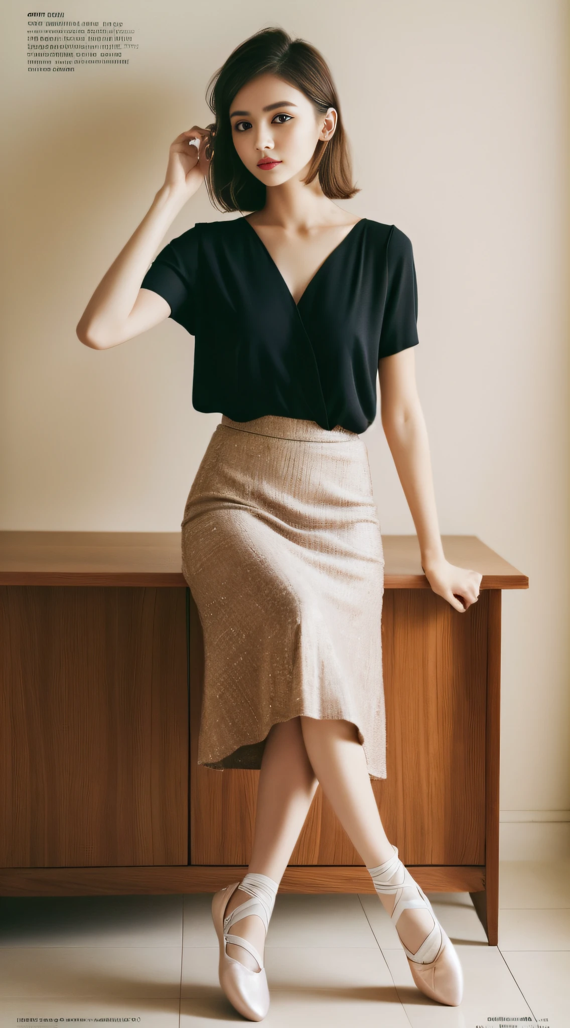 A super beautiful girl，Big bright eyes，Cool feeling，(fashion magazine coer:1.3)，（midi skirt, tucked-in blouse, ballet flats）