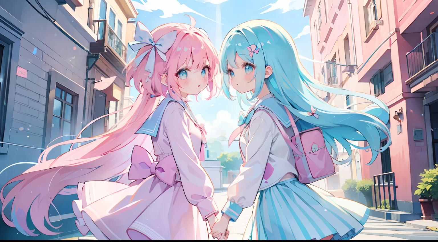 twinsies、Pink hair、light blue eyes、Long、Holding hands、Magic Street、cute school uniform、bow ribbon、masterpiece、top-quality、Top image quality、lightblue hair