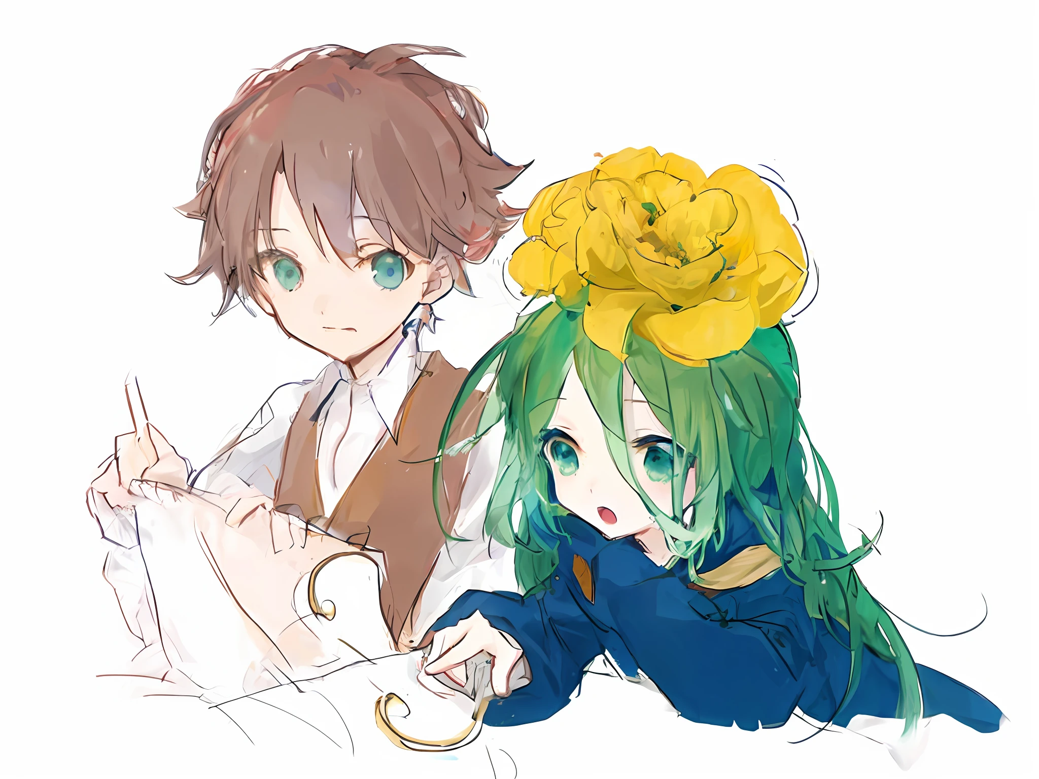 Two anime characters with green hair and yellow flowers on their heads, with ivy, author：Uesaka Seka, author：Nobusada Yanagawa, sakimichan and frank franzzeta, koyoharu gotouge, inspired by Ib Eisner, vocaloid, by Puru, in ryuuou no oshigoto art style