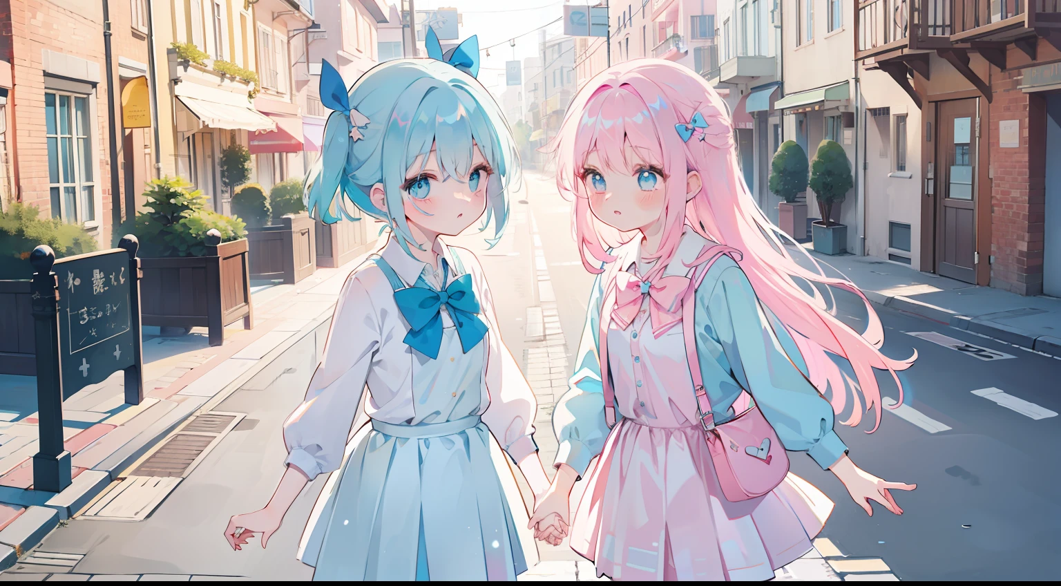 twinsies、Pink hair、light blue  eyes、Long、Holding hands、Magic Street、cute school uniform、bow ribbon、​masterpiece、top-quality、Top image quality、lightblue hair