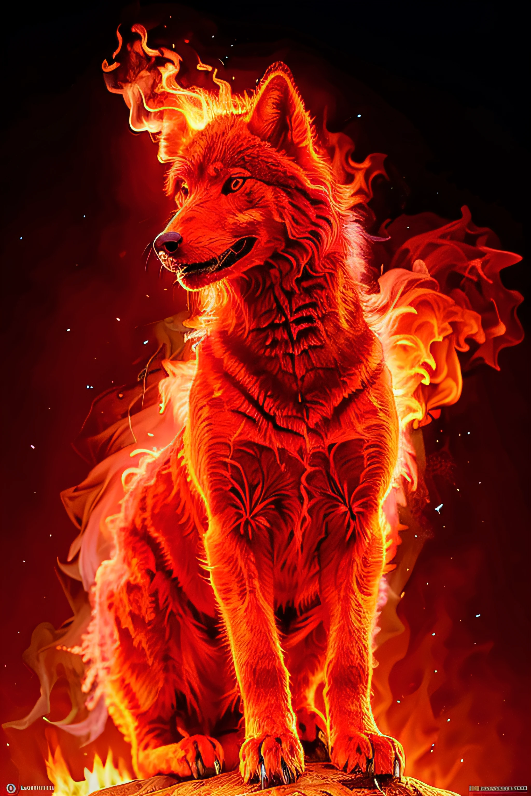 Un loup courant en feu,(Feu rouge:1.3), bonne main,4K, high resolucion, Masterpiece, Best quality, cap:1.3,((Photographie Hasselblad)), mise au point nette, (lighting cinematic), clavicule, Nuit, softlighting, Angle dynamique, [:(Detailed face:1.2):0.2], outside, ville,Fond monochrome,