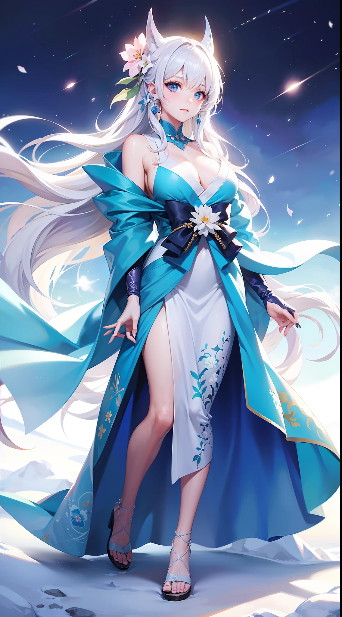 tmasterpiece,(best qualtiy:1.2),(super-fine:1.2),illustratio,(Extremely refined and beautiful:1.2),Movie Angle,floatking,1个Giant Breast Girl,Norse princess,(beatiful detailed eyes:1.1),(Detail light:1.1),电影灯光,Exquisite sky,woman,whaite hair,eBlue eyes,cloaks,glowing light eyes,(themoon:1.2),(rays of moonlight:1.1),starrysky,(Light particles:1.1),Mist,ice river,Ice crystals,chilly,snowflower,Oyuki,Ice edge,Snow painting,blooms,full body shot shot