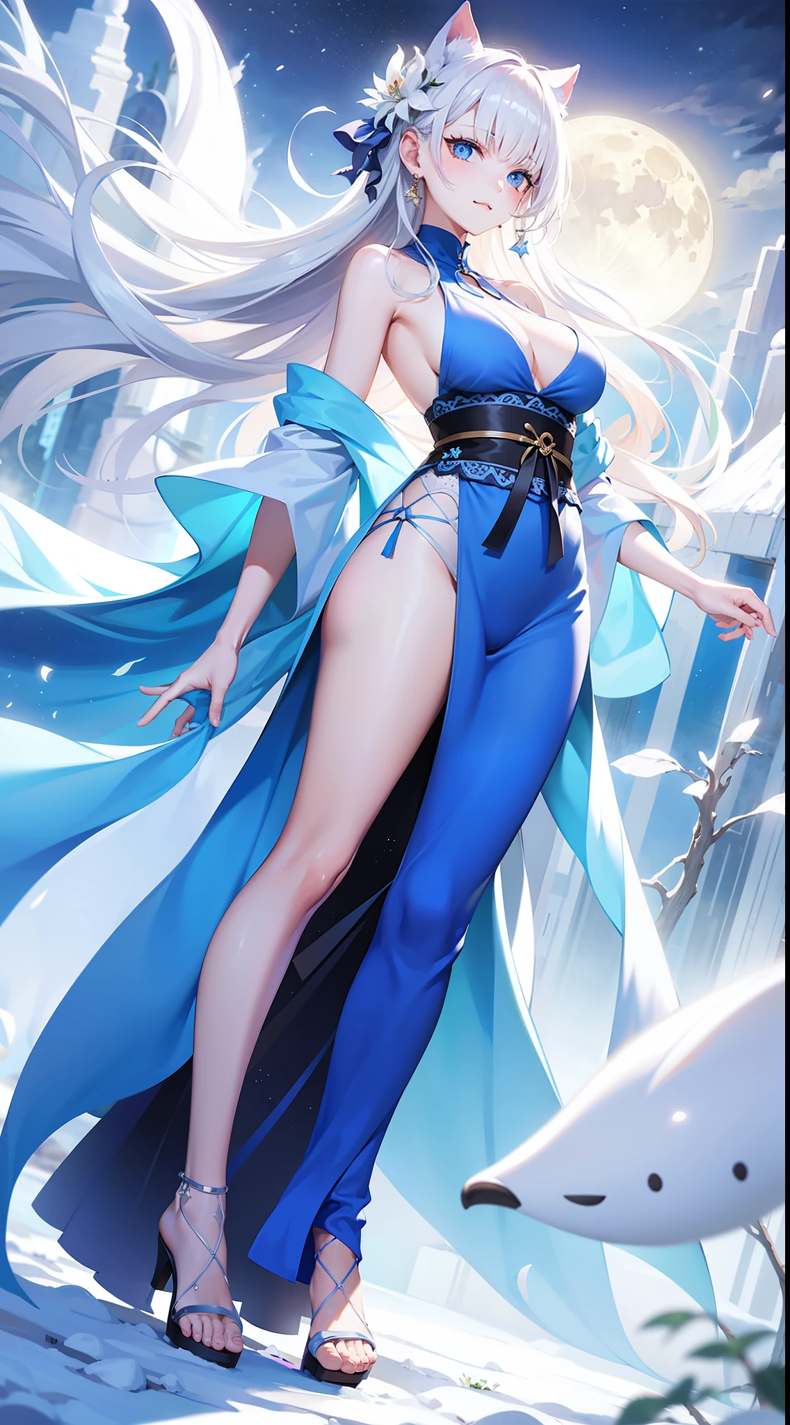 tmasterpiece，（best qualtiy：1.2），（super-fine：1.2），illustratio，（Extremely refined and beautiful：1.2），Movie Angle，floatking，1个Giant Breast Girl，Norse princess，（beatiful detailed eyes：1.1），（Detail light：1.1），电影灯光，Exquisite sky，woman，whaite hair，eBlue eyes，cloaks，glowing light eyes，（themoon：1.2），（rays of moonlight：1.1），starrysky，（Light particles：1.1），Mist，ice river，Ice crystals，chilly，snowflower，Oyuki，Ice edge，Snow painting，blooms，full body shot shot