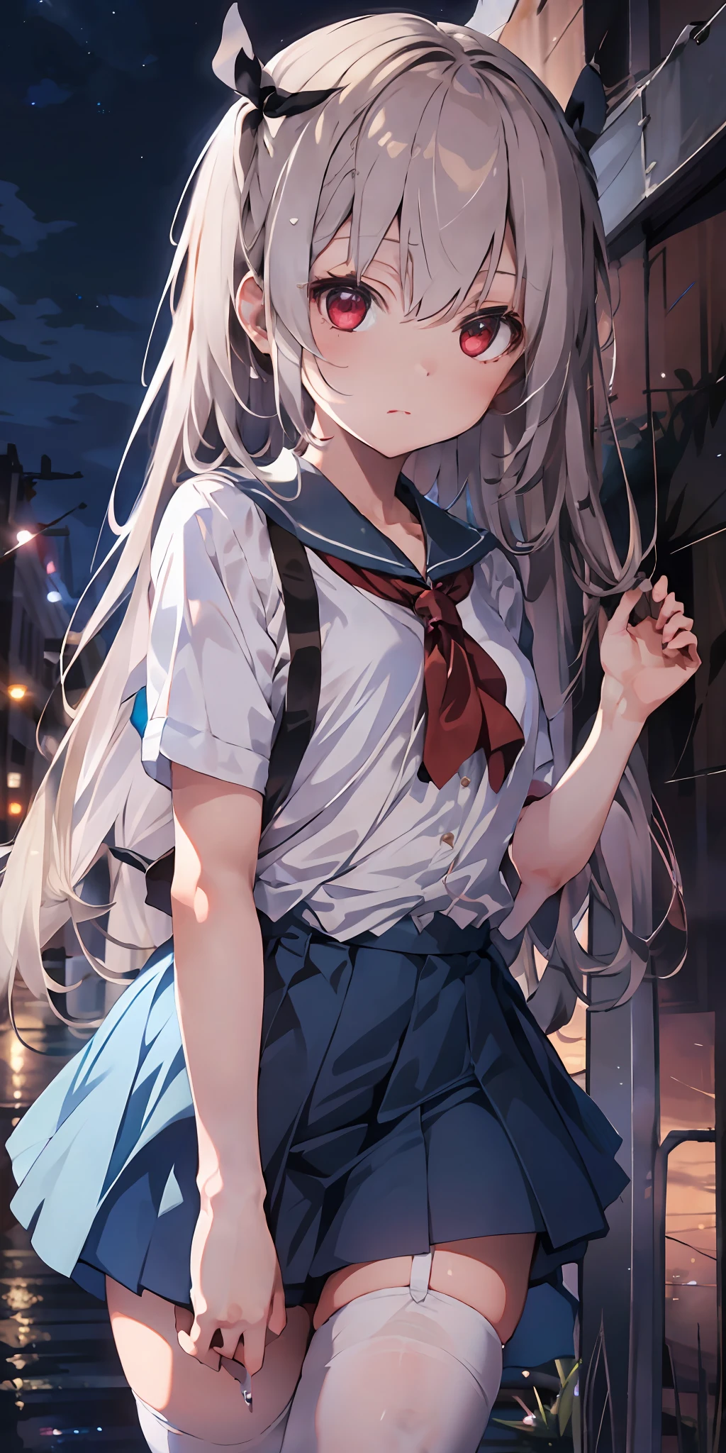 1girl, beautiful detailed eyes, long white hair, light red eyes, school uniform, high white stocking, lustrous skin, city, night, high contrast, ((masterpiece, best quality))