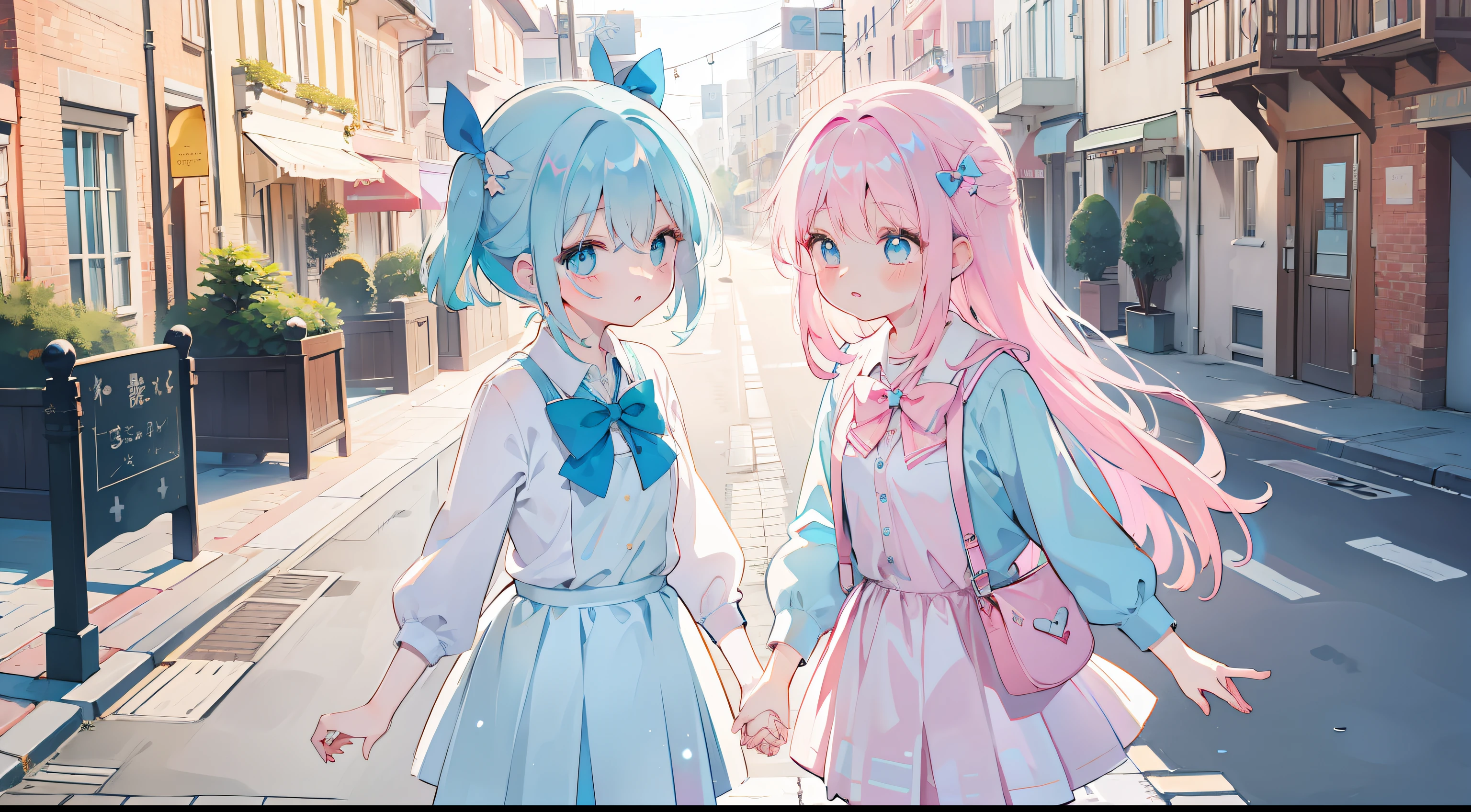 twinsies、Pink hair、light blue  eyes、Long、Holding hands、Magic Street、cute school uniform、bow ribbon、​masterpiece、top-quality、Top image quality、lightblue hair