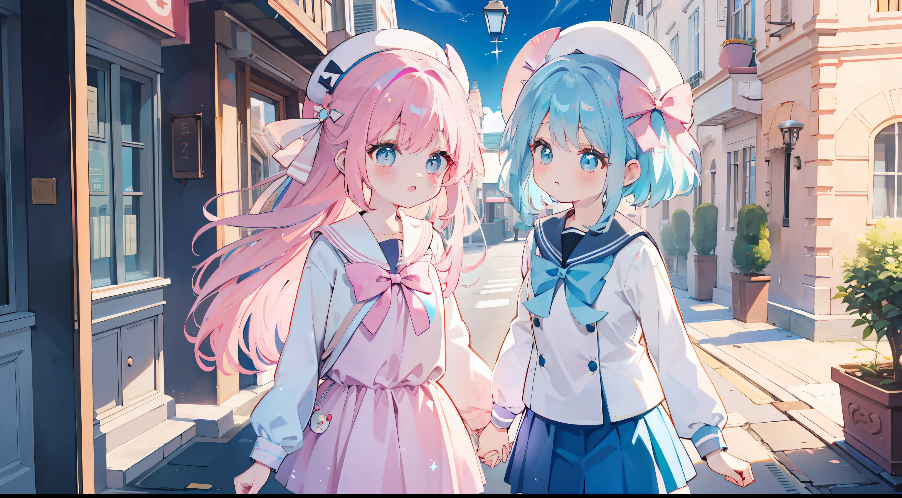 twinsies、Pink hair、light blue eyes、Long、Holding hands、Magic Street、cute school uniform、bow ribbon、masterpiece、top-quality、Top image quality、lightblue hair
